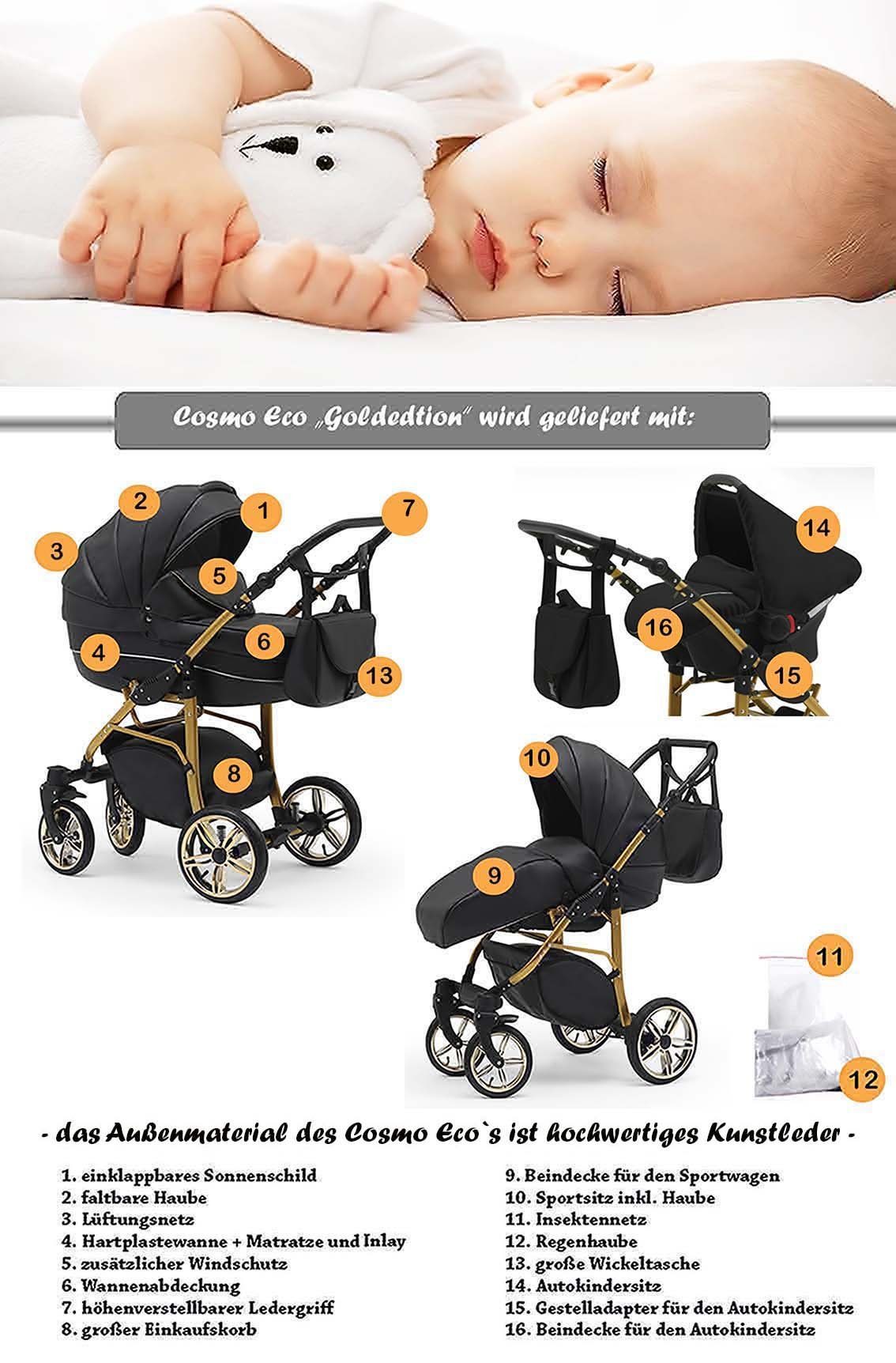 Kombi-Kinderwagen babies-on-wheels - Weiß-Schwarz-Schwarz ECO Cosmo in Gold - 46 in 1 Teile 3 16 Kinderwagen-Set Farben