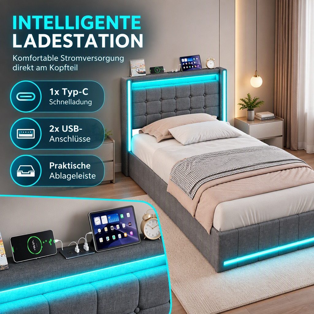 PXloue Polsterbett LED Doppelbett, Einzelbett, Bettkasten, Ladefunktion, Leinen, 90x200 cm – Bild 5 von 5