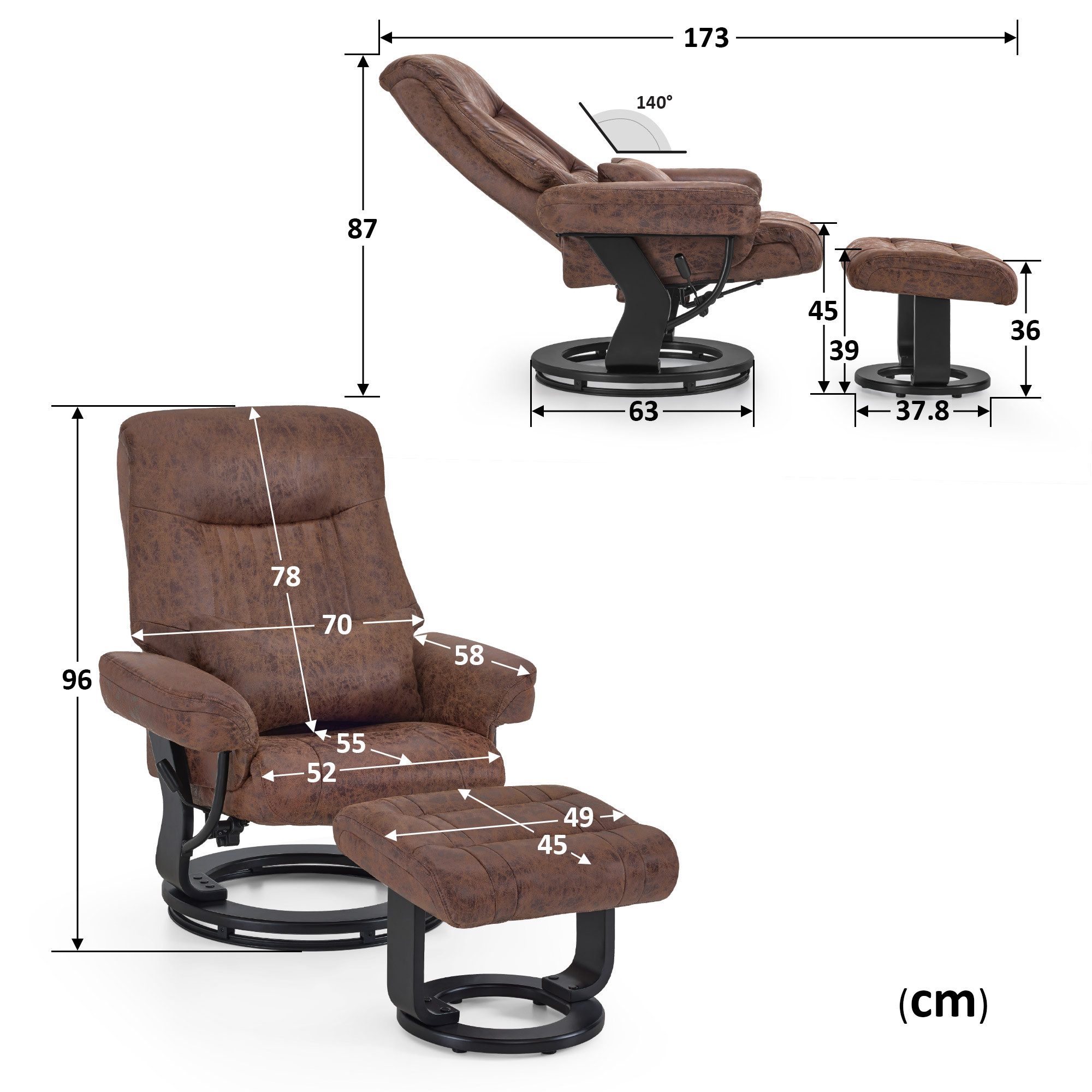 MCombo Relaxsessel M MCombo Relaxsessel mit Liegefunktion, Lesesessel mit Hocker 9035 (Relaxsessel inkl. Hocker), 360° Drehbarer, mit Kissen & Seitentasche, bis 120 Kg Belastbarer