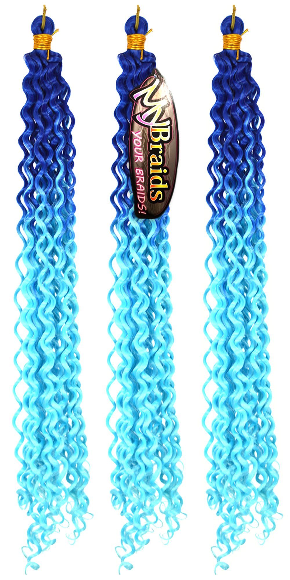 BRAIDS! 3er Flechthaar Blau-Hellblau Wave YOUR 15-WS MyBraids Crochet Ombre Braids Deep Kunsthaar-Extension Pack Wellig Zöpfe