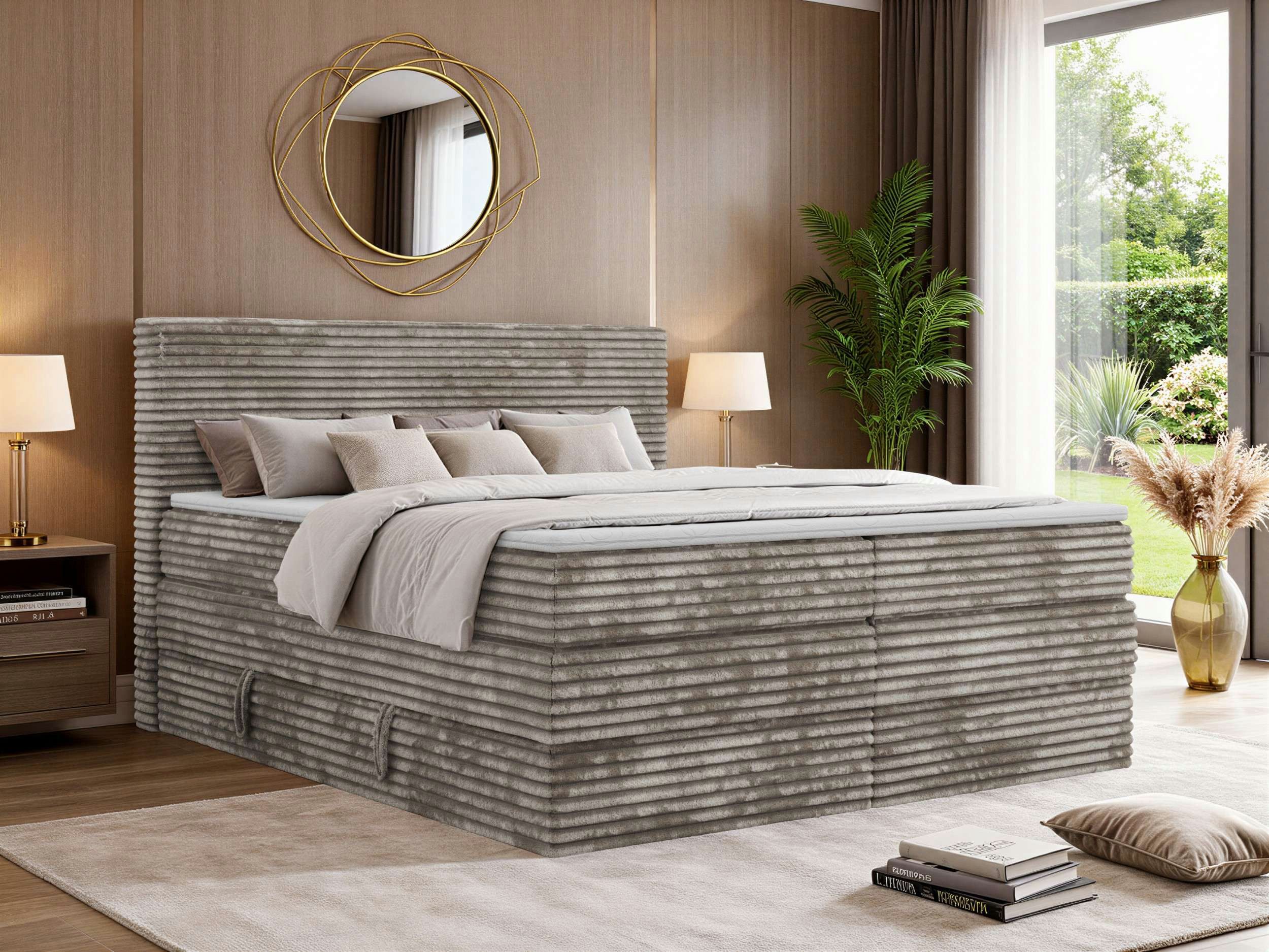 MKS MÖBEL Boxspringbett TILION KING (mit Stauraum, Set, inkl. 2 Matratzen und Topper (T25/Visco), Multipocket, Cord-Bezug, H3/H4, 140x200–200x200
