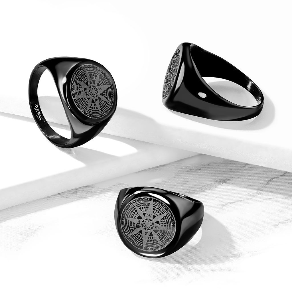 BUNGSA Fingerring 62 (19.7) Ring Siegelring Kompass schwarz aus Edelstahl Herren (Ring, 1-tlg), Männer