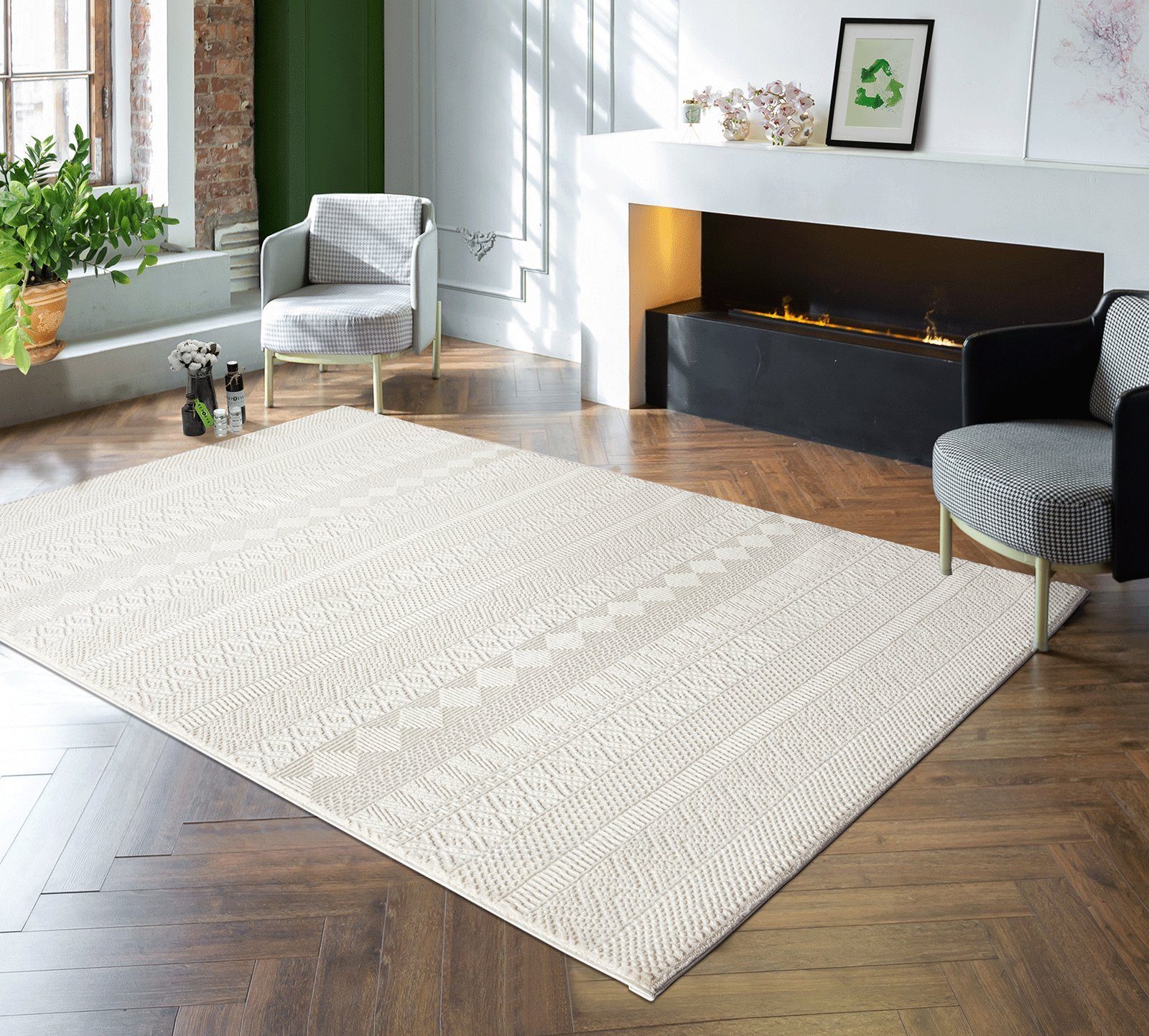 Teppich Lima Designer Teppich, weich & pflegeleicht, 3D-Effekt, waschbar,  Flor aus 100% recyceltem Polyester, Creme, 80 x 150 cm, the carpet, Rechteck