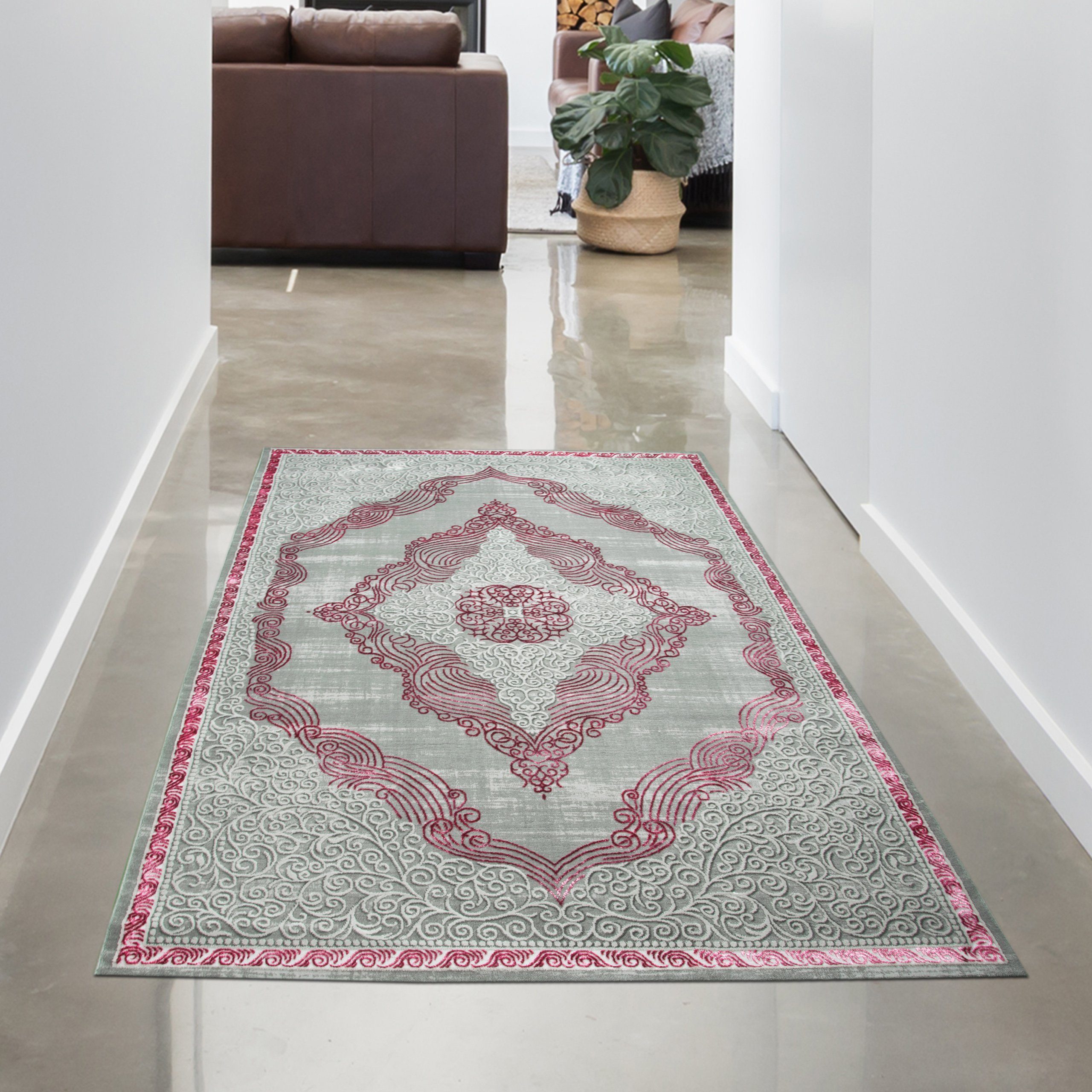 Teppich Orientteppich • glänzend rosa verzierte Bordüre • grau, Carpetia, rechteckig, Höhe: 12 mm, Fußbodenheizungs-geeignet, Schmutzabweisend, Allergiker-geeignet