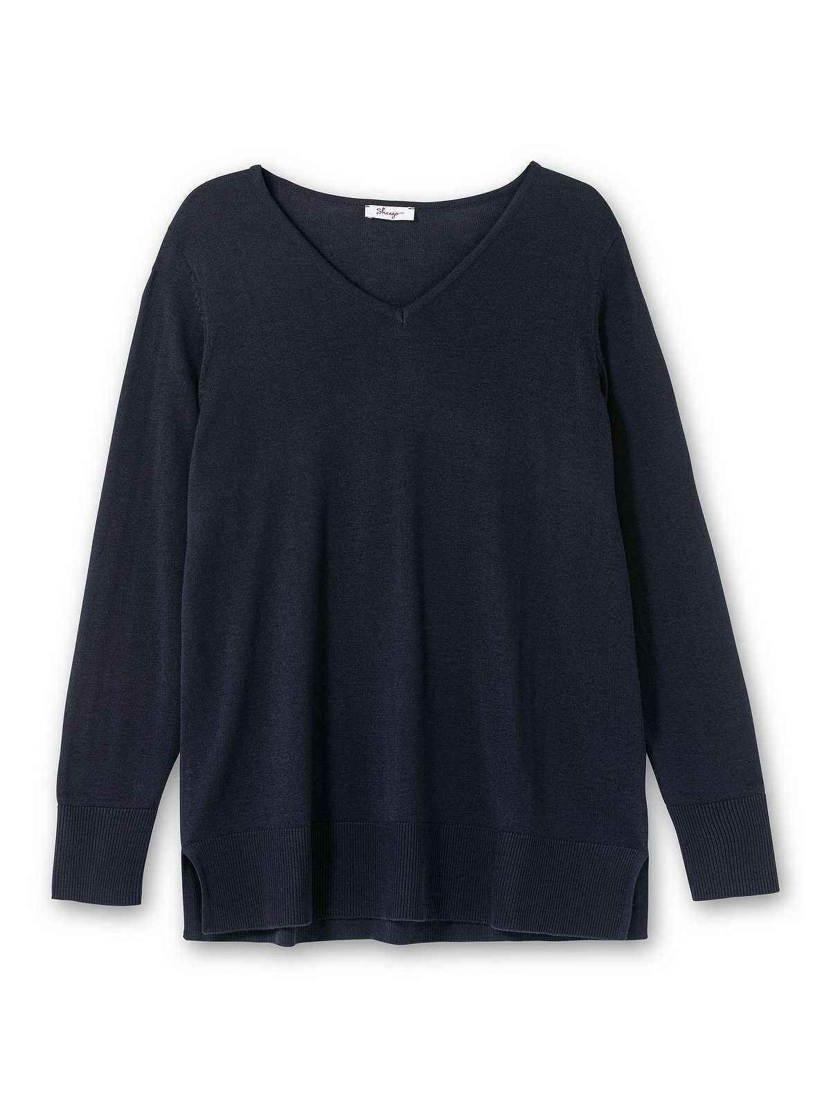 V-Ausschnitt-Pullover Größen tiefblau leichtem Sheego aus Große Feinstrick