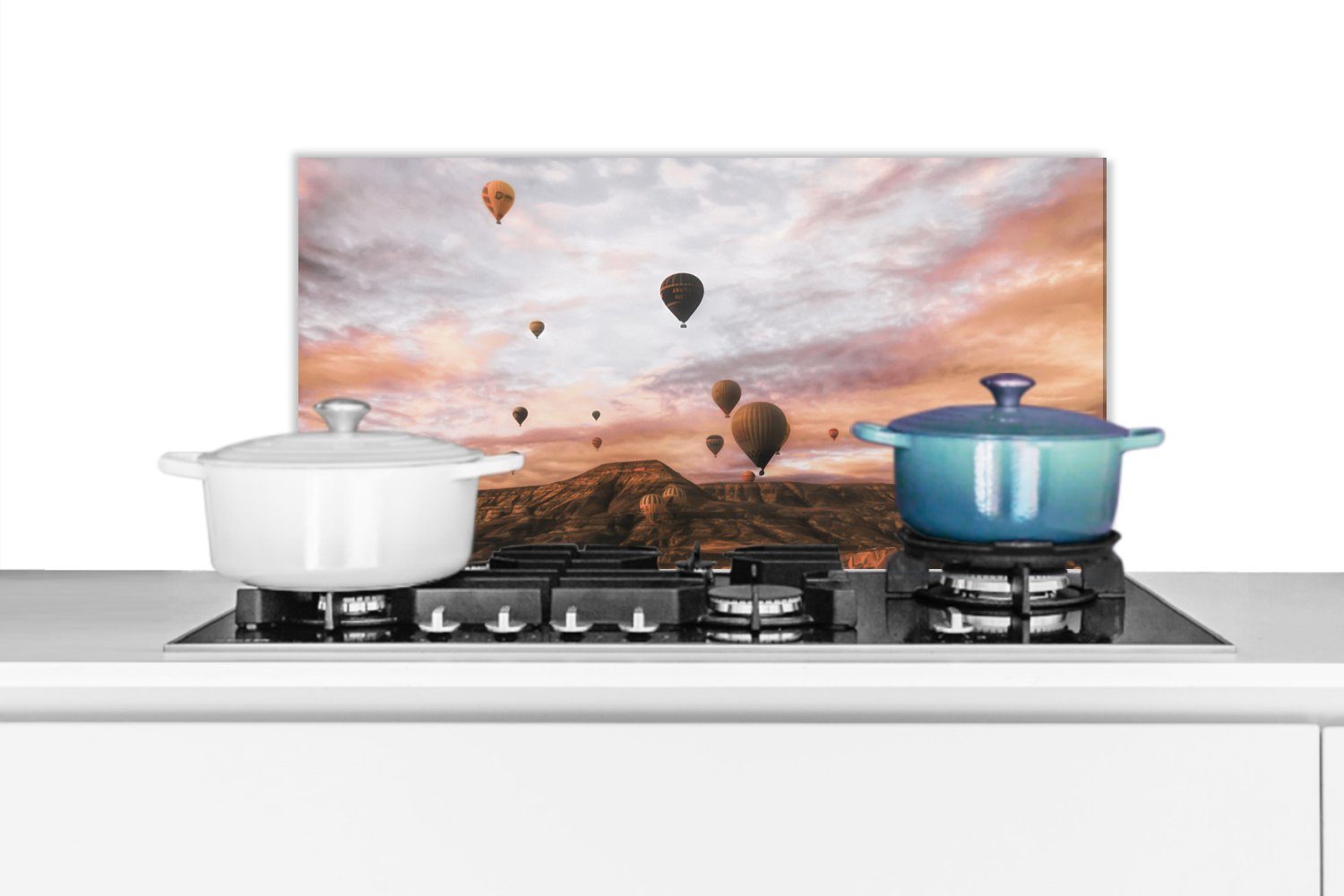 MuchoWow Küchenrückwand Landschaft - Heißluftballon - Berge - Braun, (1-tlg), 60x30 cm, Wandschutz, gegen Fett und Schmutzflecken für Küchen