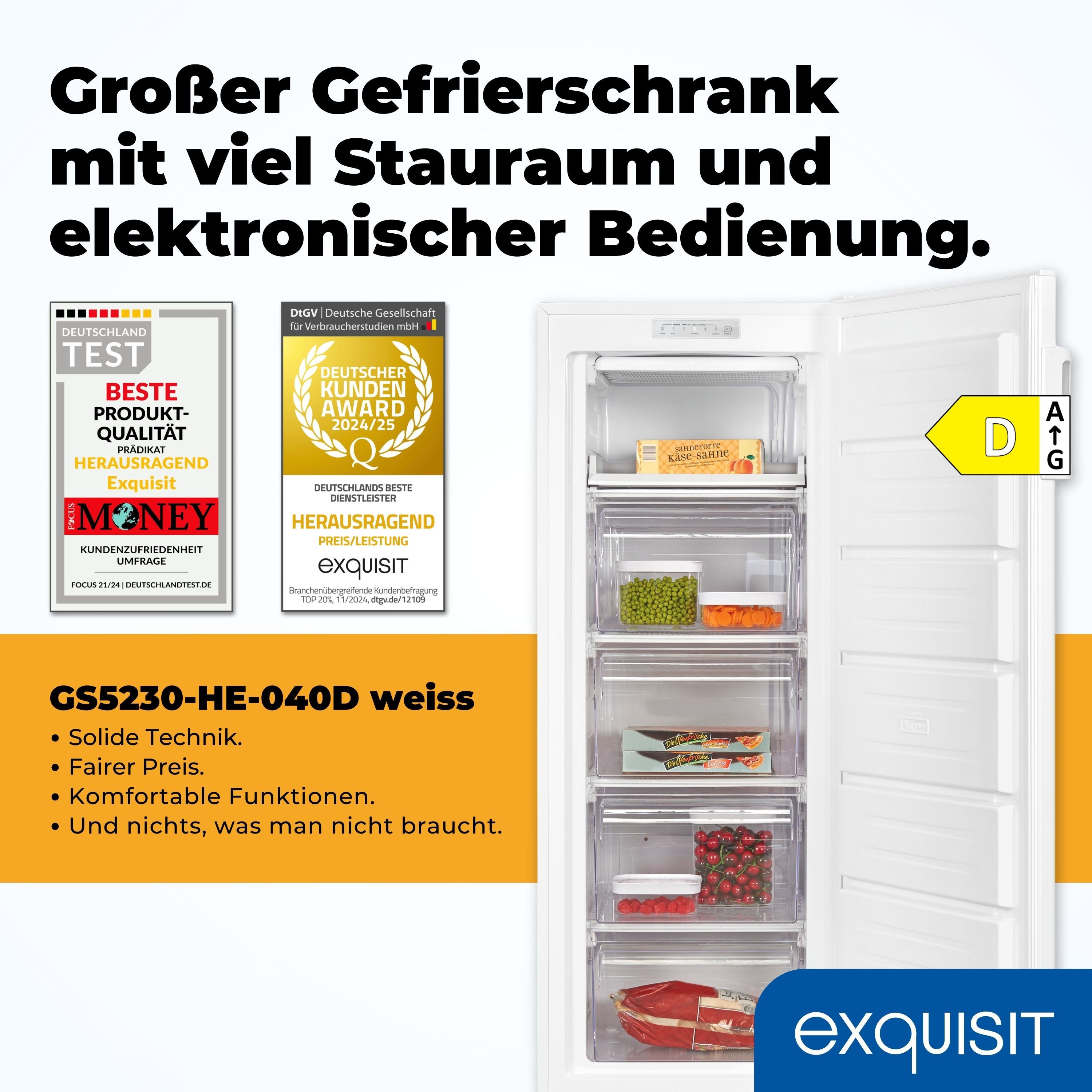 exquisit Gefrierschrank GS5230-HE-040D, 142.6 cm hoch, 54.4 cm breit, Schnellgefrieren, LED-Display, 4*-Gefrieren