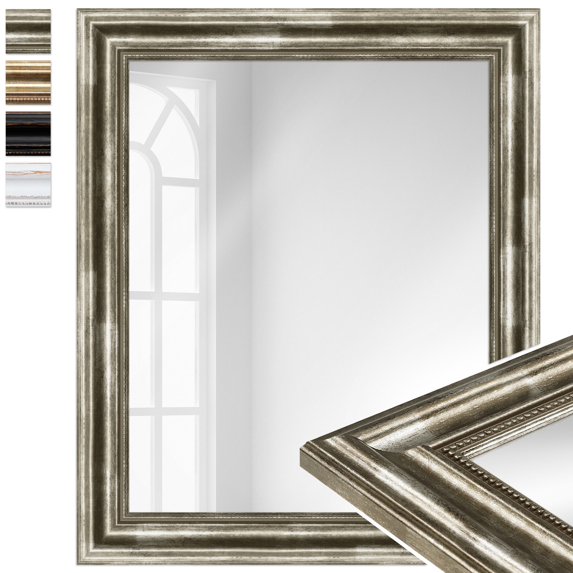 WANDStyle Wandspiegel H550, Vintage Spiegel Silber 50x60 cm, großer Wandspiegel Silber 50x60 Holz