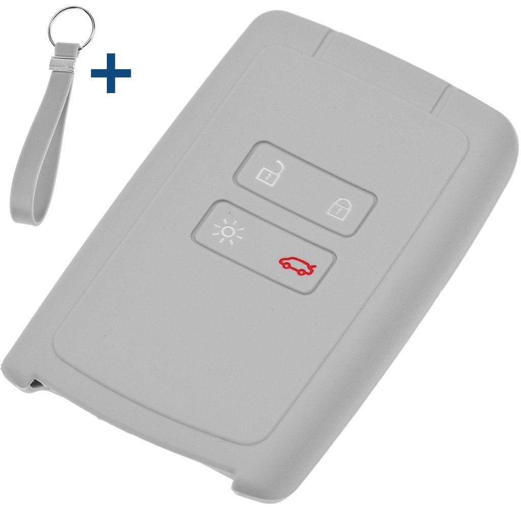 mt-key Schlüsseltasche Autoschlüssel Silikon Schutzhülle mit passendem Schlüsselband, für Renault Megane Kadjar Clio Captur 4 Tasten KEYLESS SMARTKEY Grau