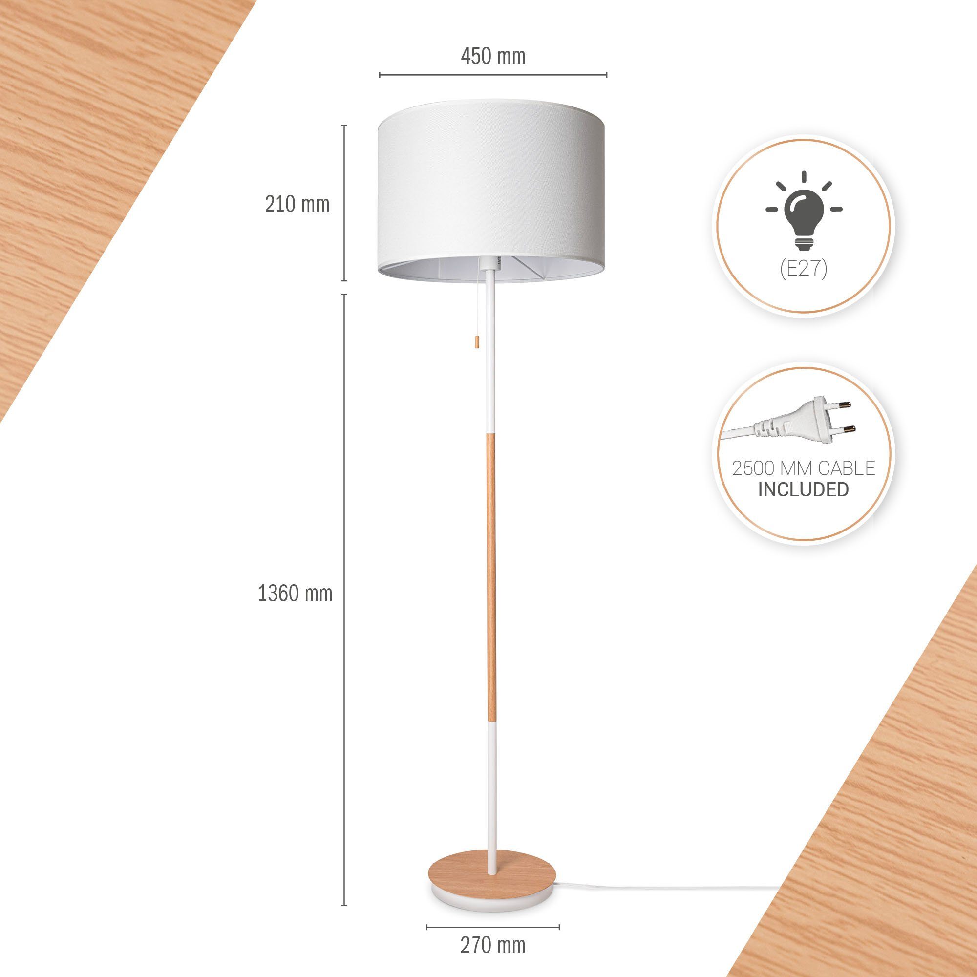 weiß CA E27 Standleuchte Leuchtmittel, Stehlampe COLOR, Stofflampe natur Stoffschirm weiß Wohnzimmer Einfarbig ohne Skandi Home EK Paco UNI