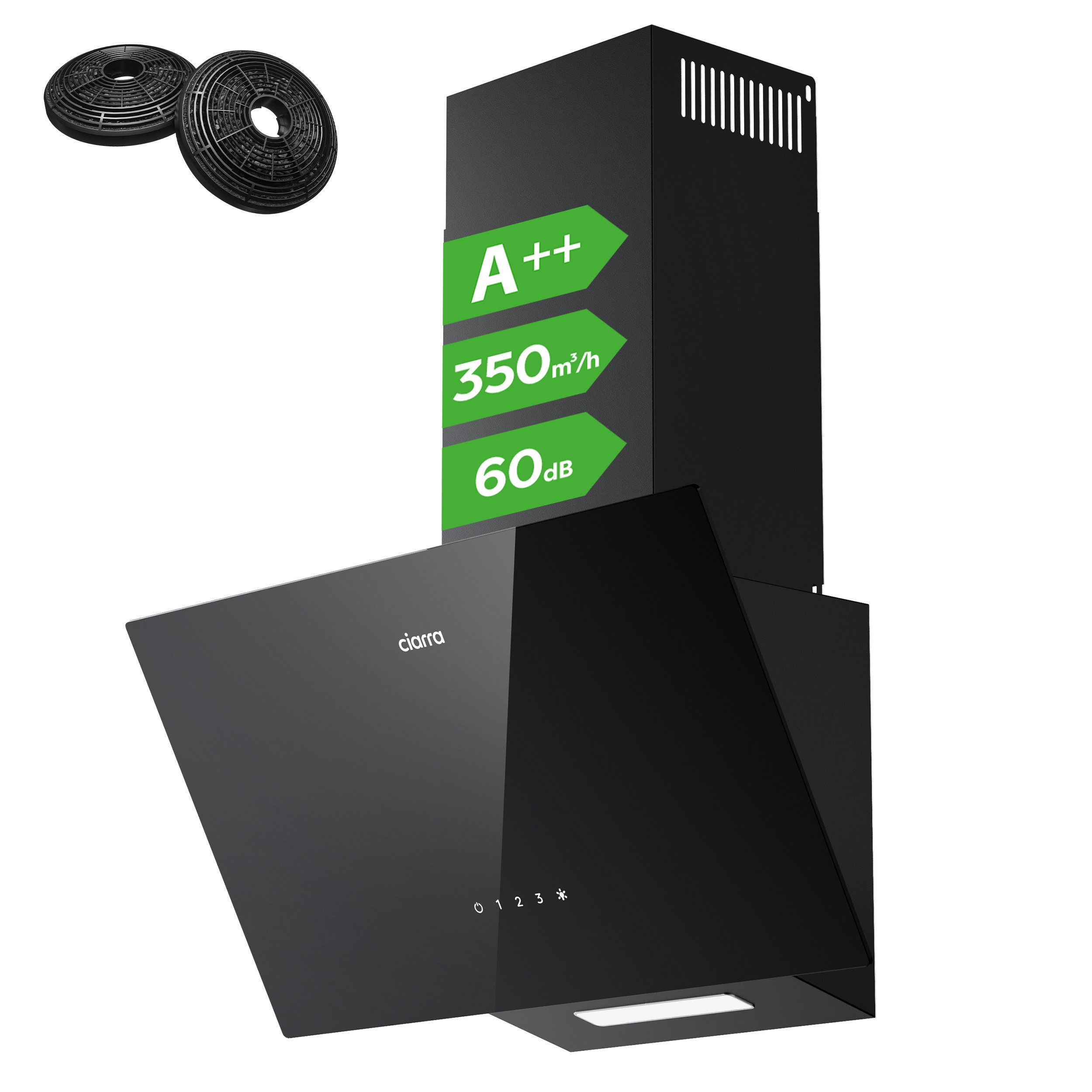 CIARRA Kopffreihaube 60 cm A++ 350m³/h Schräghaube leise Umluft & Abluft 3 Stufen VM6750CB 60 cm A++ 350m³/h Schräghaube leise Umluft & Abluft 3 Stufen VM6750CB, SensorTouch Kopffrei Dunstabzugshaube mit 2*Kohlefilter & LED Schwarz