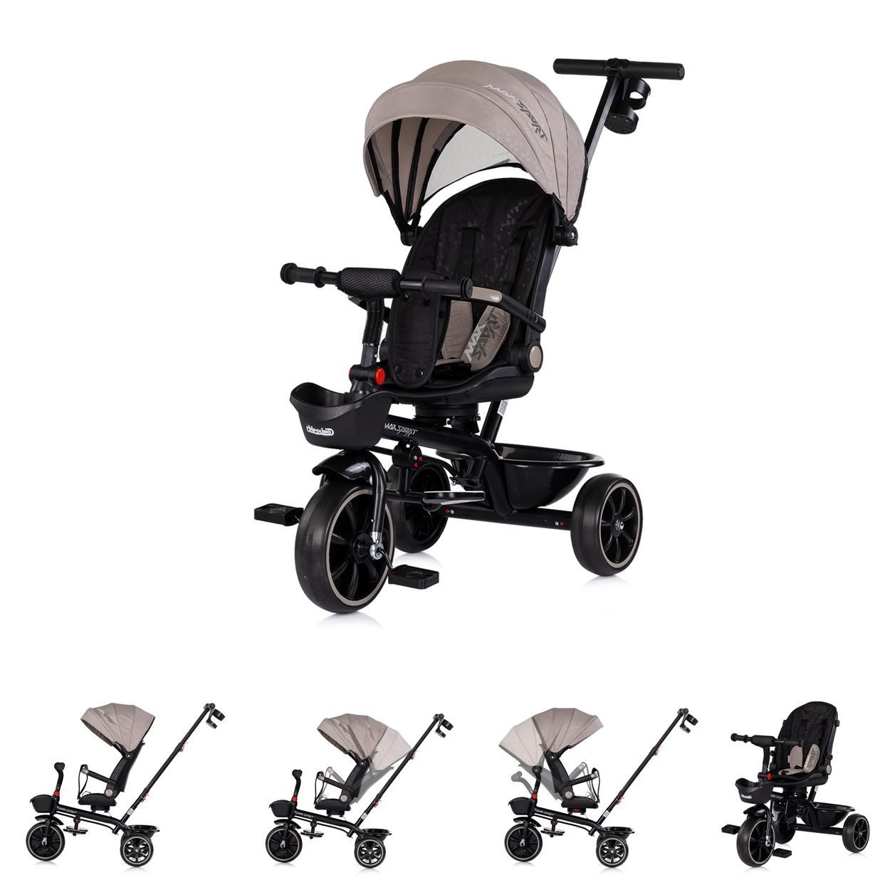 Chipolino Dreirad Max Sport 2 in 1, umkehrbarer Sitz, Gummiräder, Becherhalter, Korb, Schiebegriff