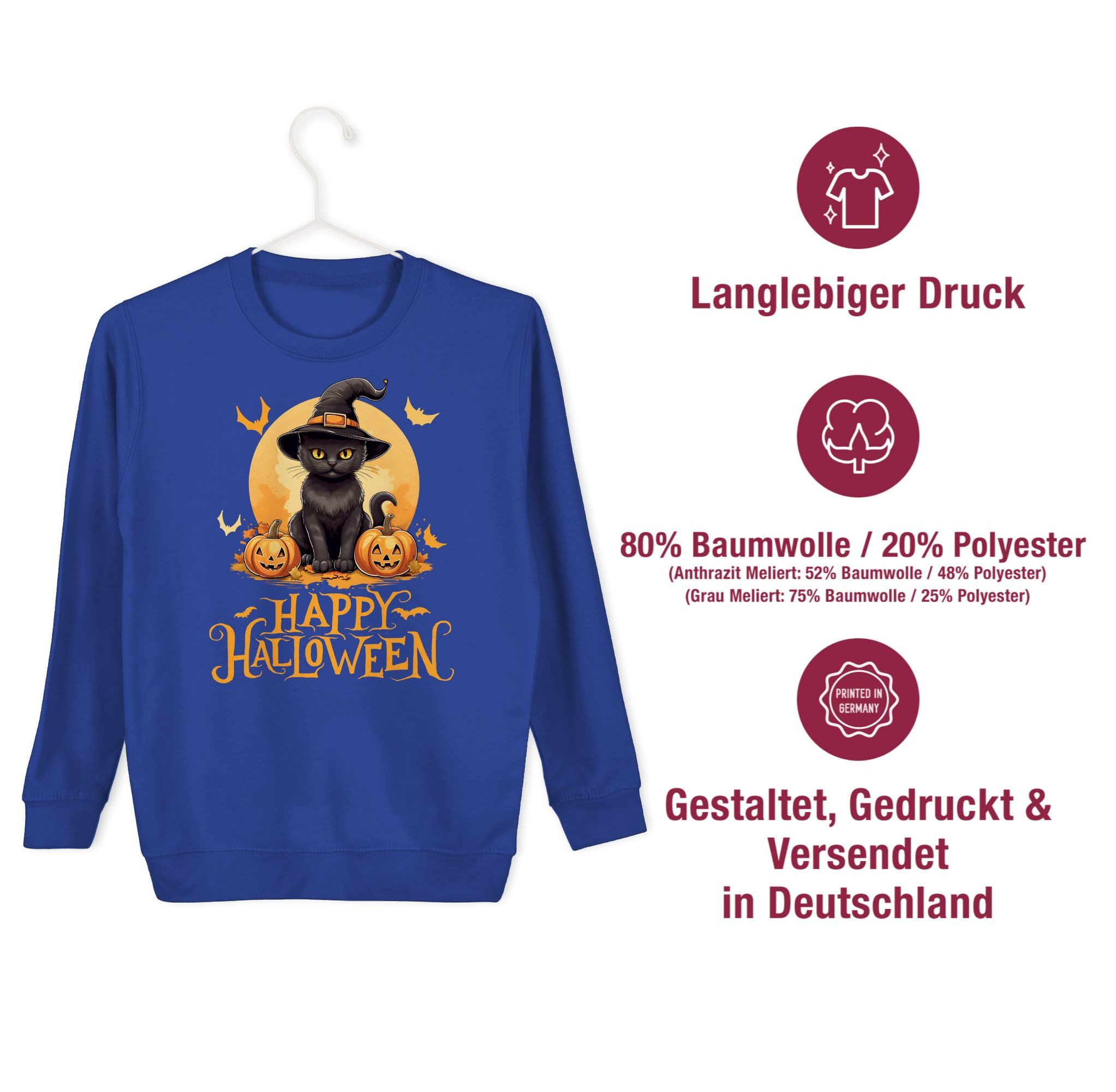 Shirtracer Sweatshirt Happy Halloween Katze Hexenhut Lustig Katzenliebhaber Cat Halloween Kostüme für Kinder