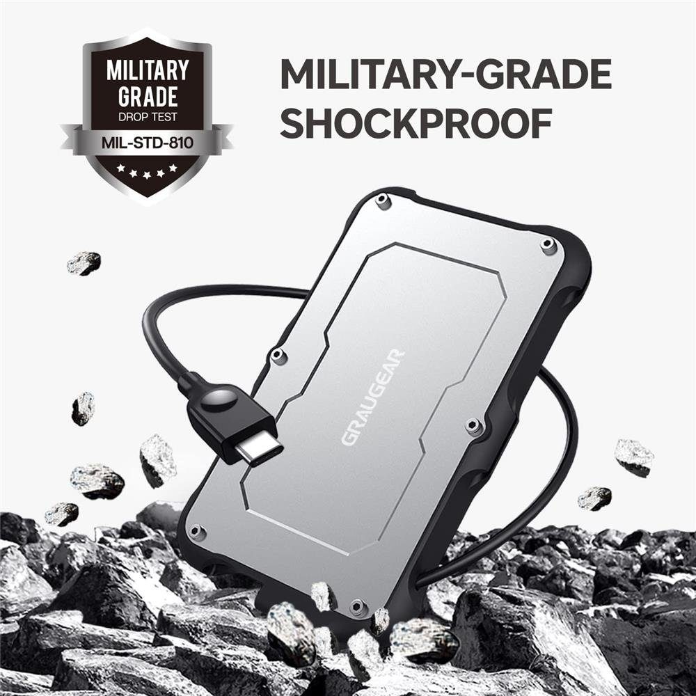 GRAUGEAR Festplatten-Gehäuse USB Type-C externes Gehäuse für 2,5“ SATA SSD, Festplatten Gehäuse für 2,5 Zoll, USB C, silber, wasserfest, IP66
