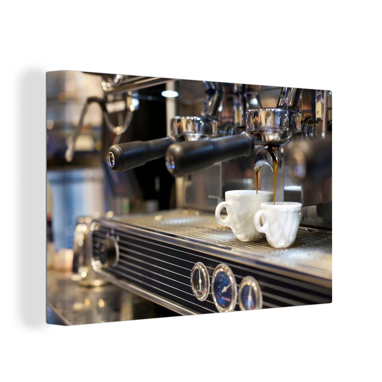 OneMillionCanvasses® Leinwandbild Kaffeemaschine macht Espressi, (1 St), Wandbild Leinwandbilder, Aufhängefertig, Wanddeko, 30x20 cm