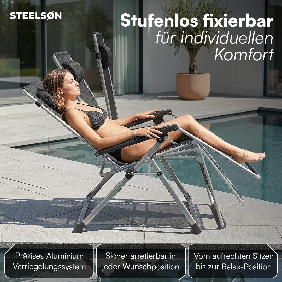 STEELSØN Gartenliege Lysira klappbarer Zero-Gravity-Stuhl, schwarz/silber, outdoor Liegestuhl, 2er-Set, mit atmungsaktiven Polsterauflagen, Sonnenliege mit Getr – Bild 5 von 5