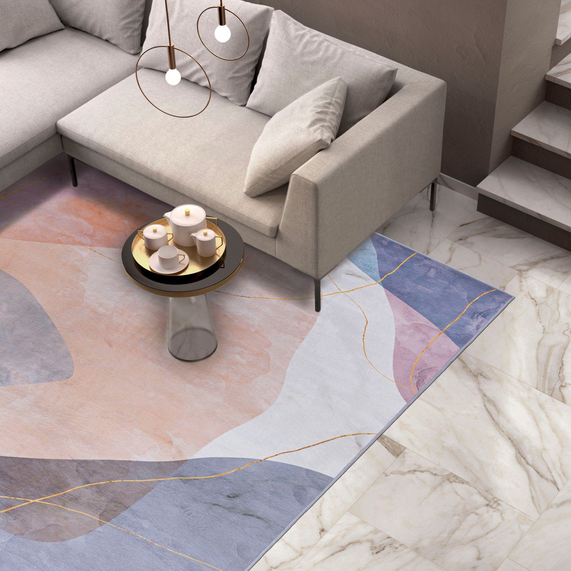 Mazovia Designteppich Modern Teppich Wohnzimmerteppich Abstrakt Vintage Rosa Violett, 120 x 170 cm, Fußbodenheizung, Allergiker geeignet, Rutschfest