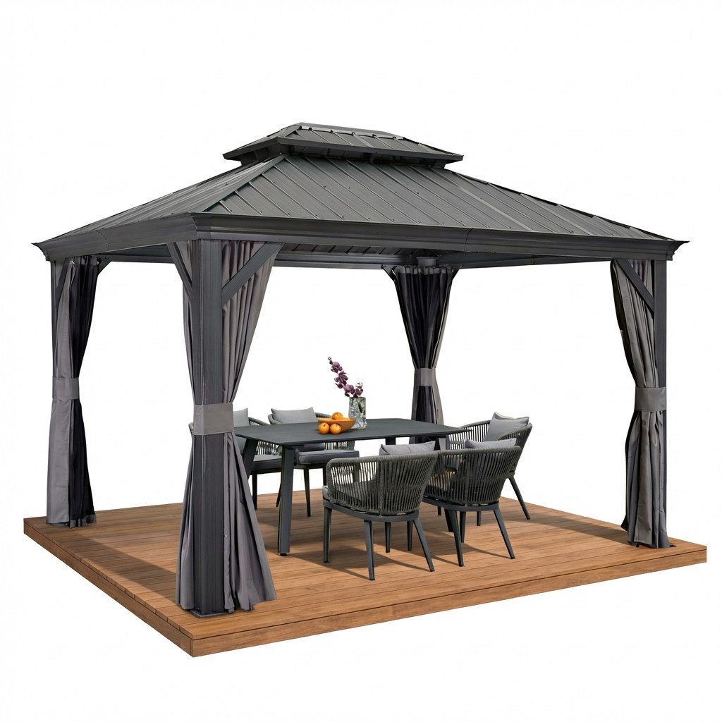 PURPLE LEAF Pavillon Gartenpavillon mit Stahldach, Hardtop Gazebo mit Seitenteile, Wasserdicht Stabil Winterfest, Grau