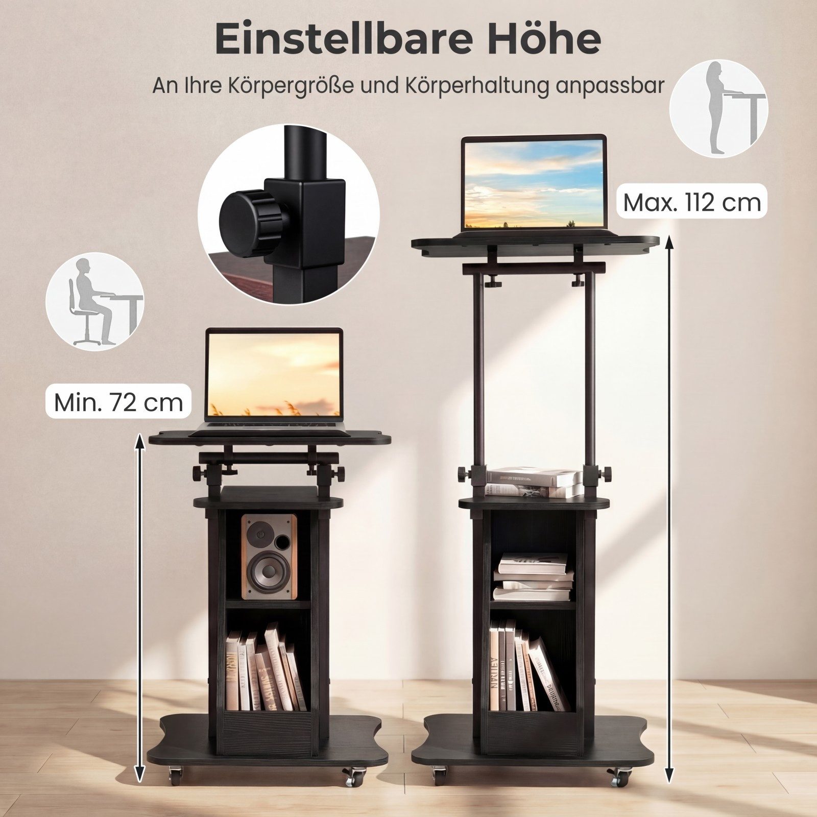 COSTWAY Stehpult, Mit Rollen, kippbarem Tisch, 2 Fächern & offenen Regal