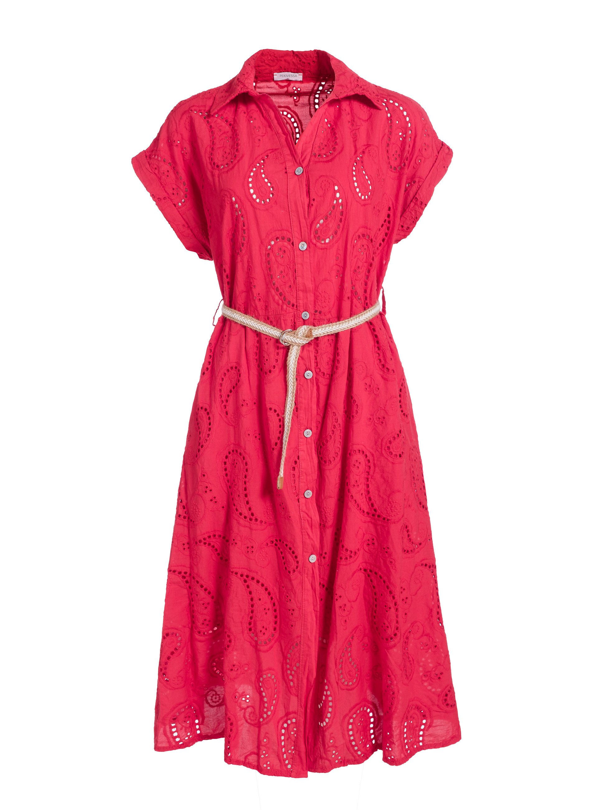 PEKIVESSA Sommerkleid Hemdblusenkleid mit Lochstickerei und Gürtel in Midilänge