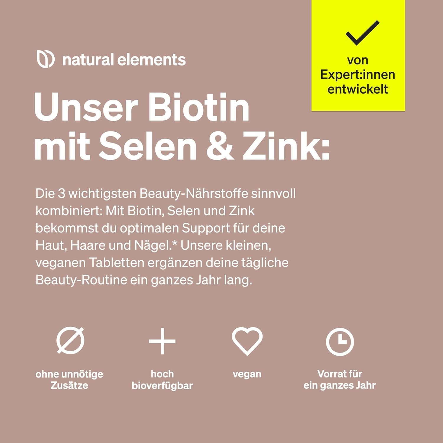 natural elements Biotin + Selen + Zink – 365 vegane Tabletten, Made in Germany à 365 St., 58 g, Ohne Magnesiumstearat, Laborgeprüft