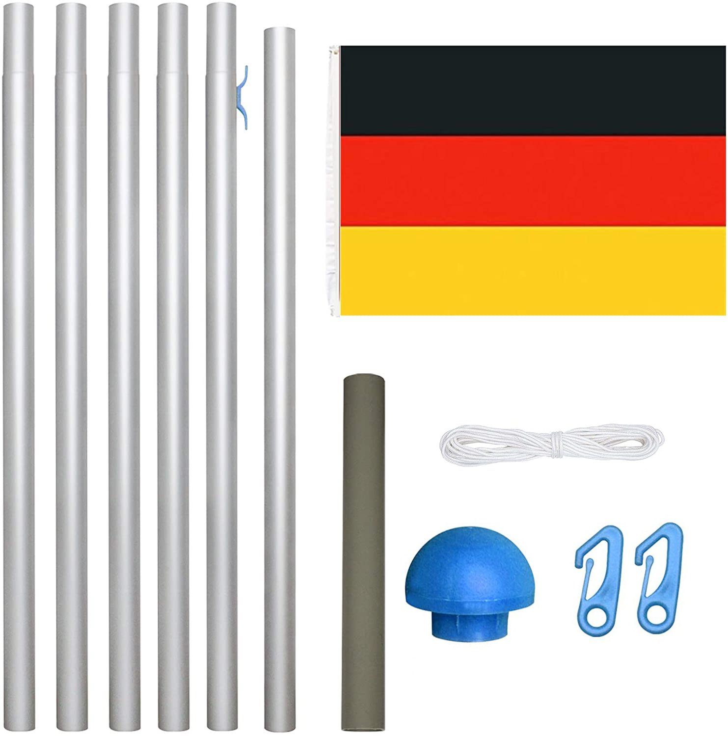 Fahnenmast Aluminium 6,5 m mit Deutschland Fahne + Bodenhülse +