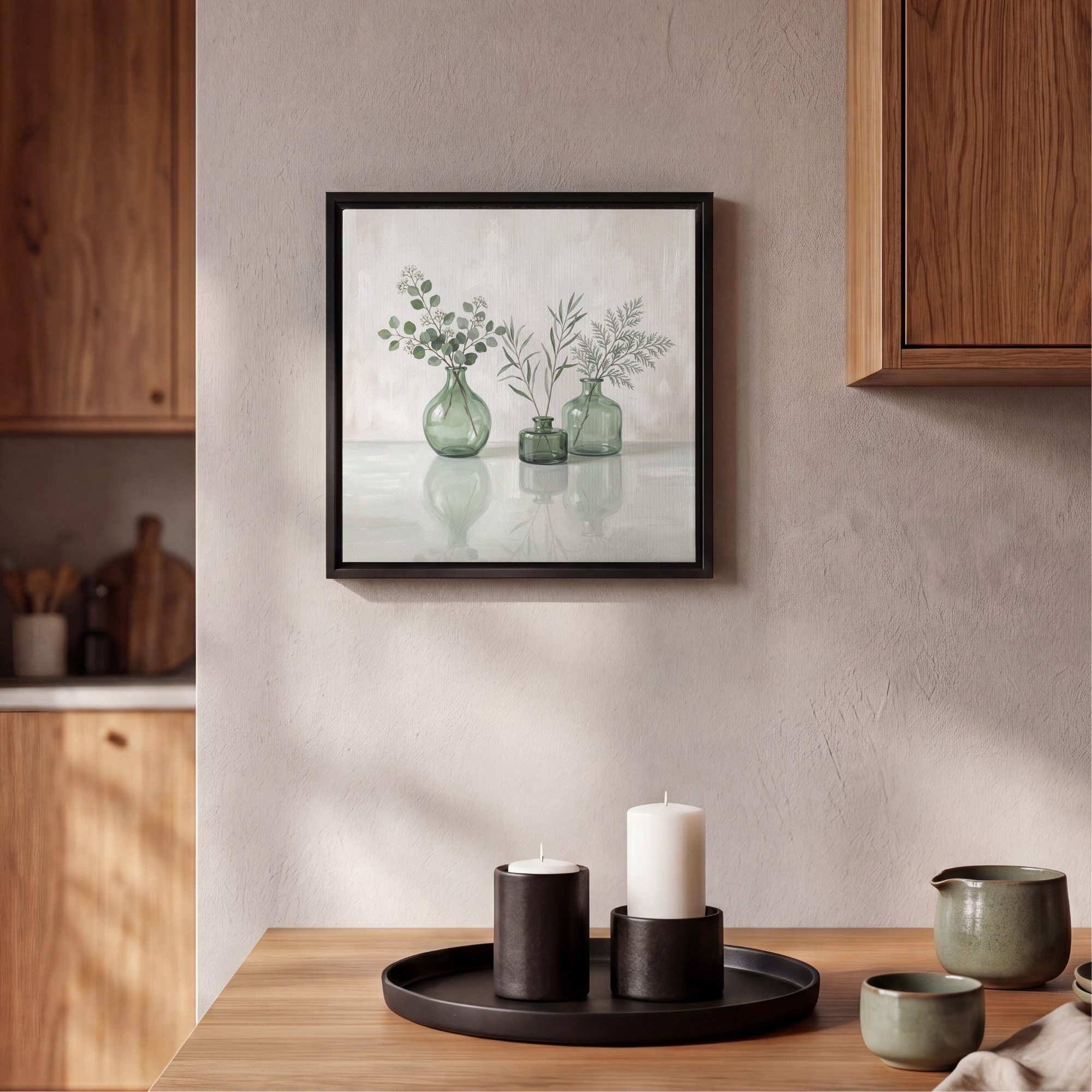 OneMillionCanvasses® Leinwandbild mit Rahmen - Vasen - Blätter - Grün, Fotodruck (1 St), Leinwand Bilder Klein, Wand Dekoration Aesthetic 20x20cm – Bild 2 von 5