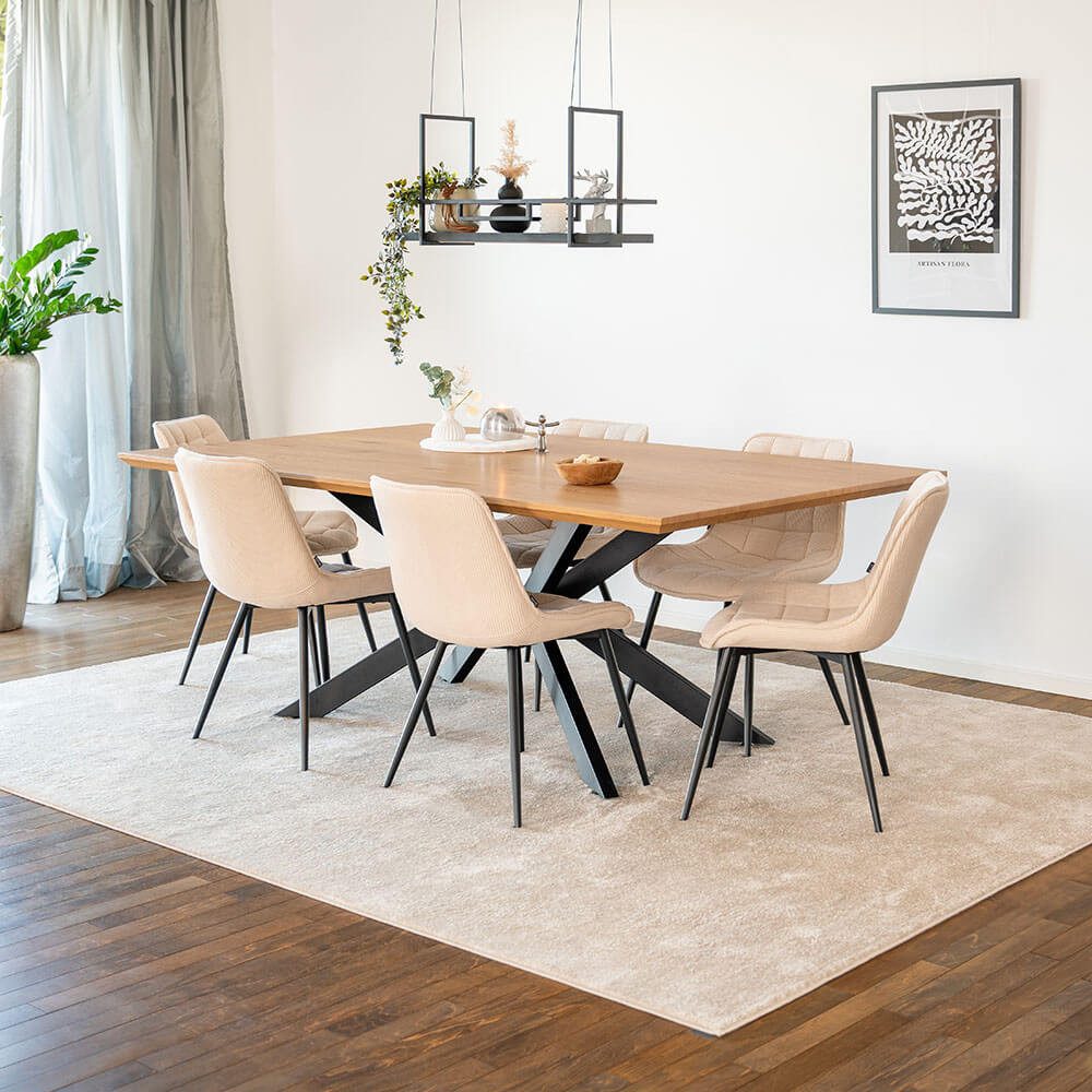 HOME DELUXE Essgruppe Eckig AVENCIA inkl. Sternfuß - 200 x 120 cm Light Oak, (7-tlg)