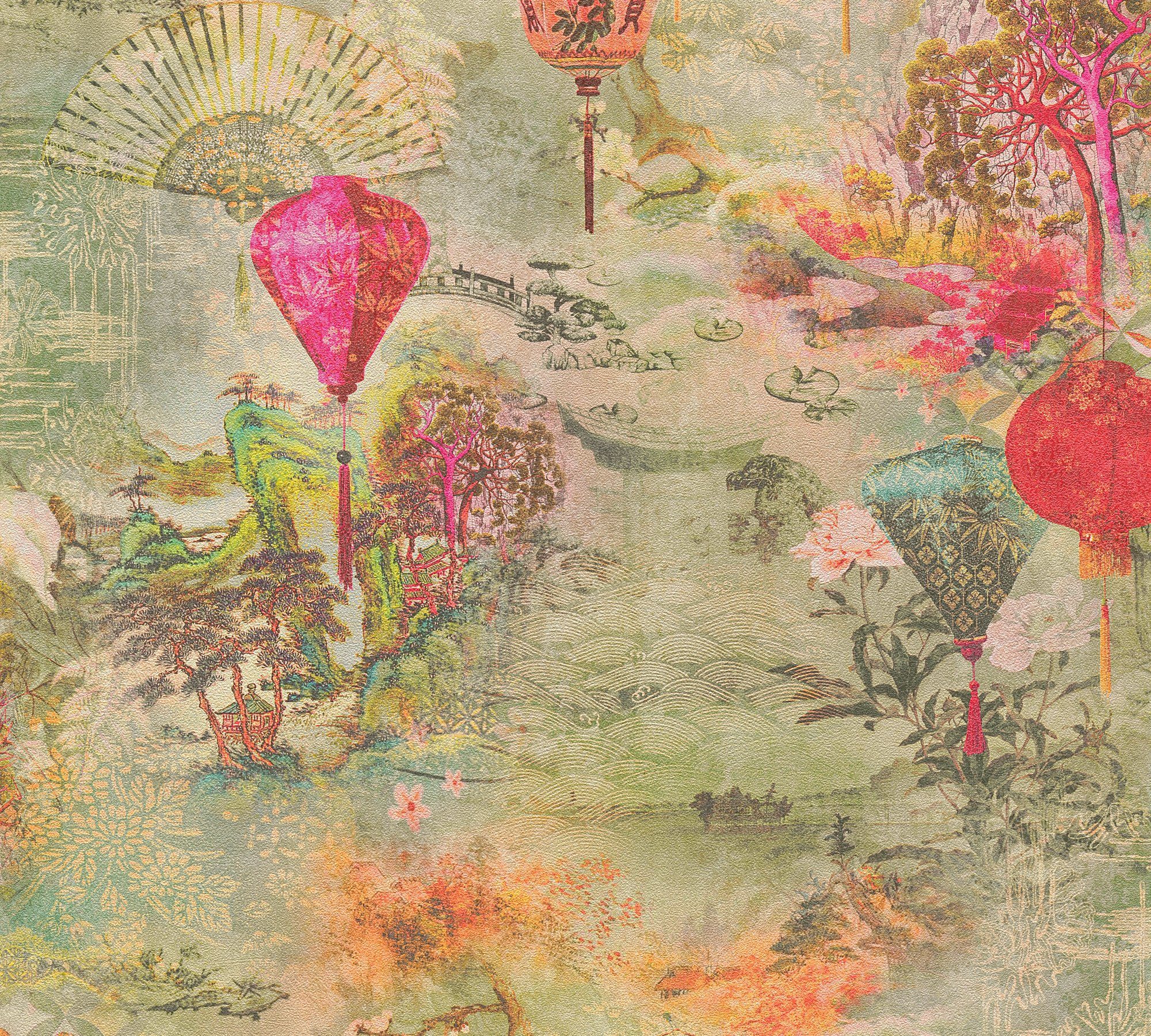 Asian bunt/grün Tapete asiatisch, Vliestapete A.S. Création Japanisch geprägt, Ausgefallene floral, Fusion,