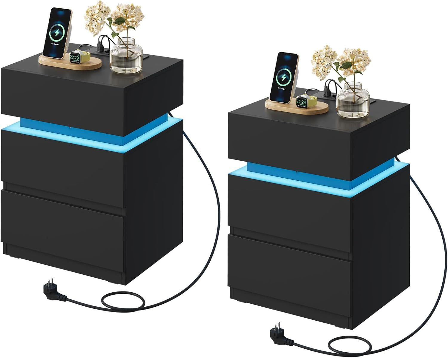 Woltu Nachttisch (2-St), Nachtschrank mit integrierter Steckdosenleiste, schwarz