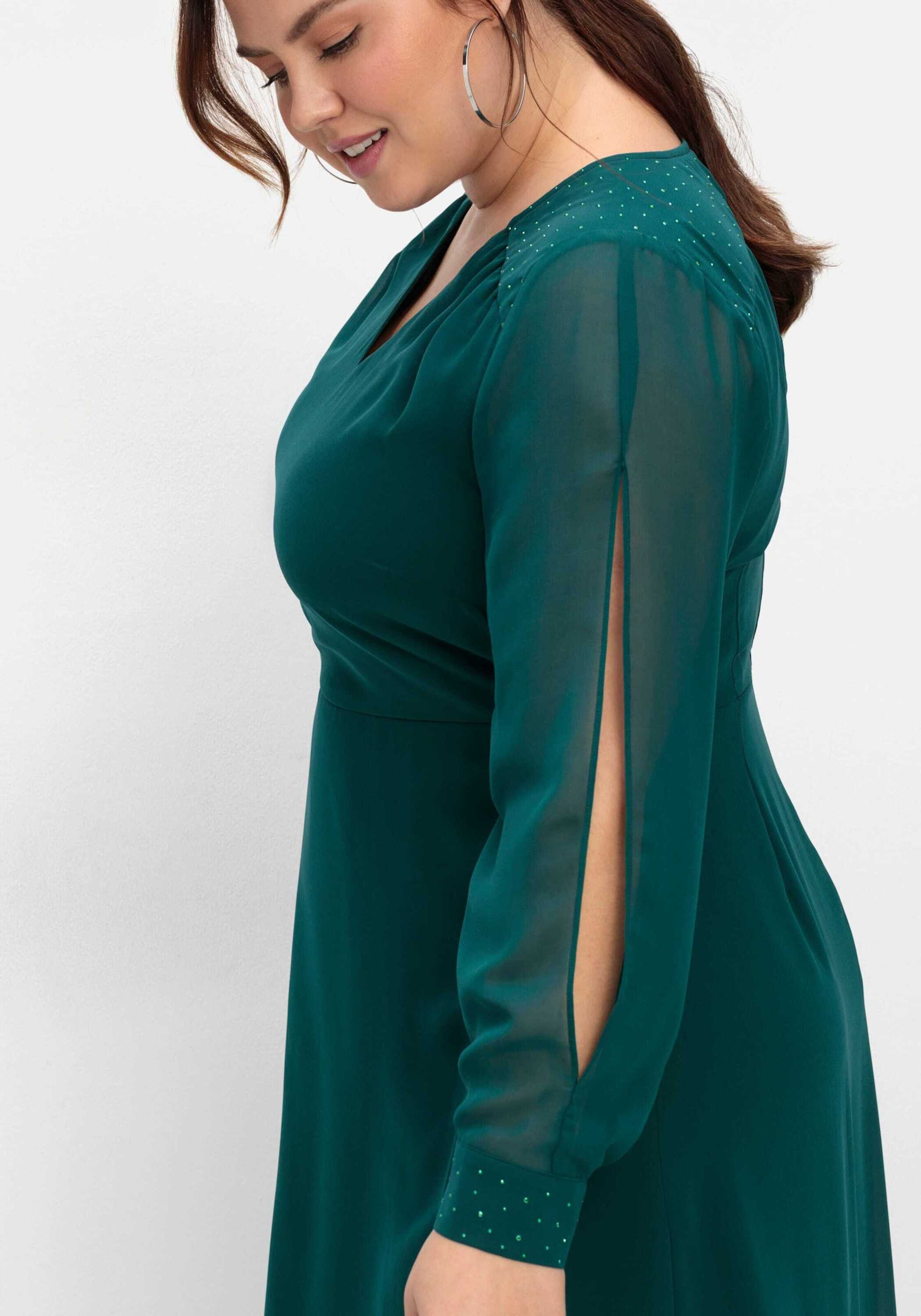 Sheego Etuikleid Abendkleid Langarm mit Cut-outs und Schmucksteinen