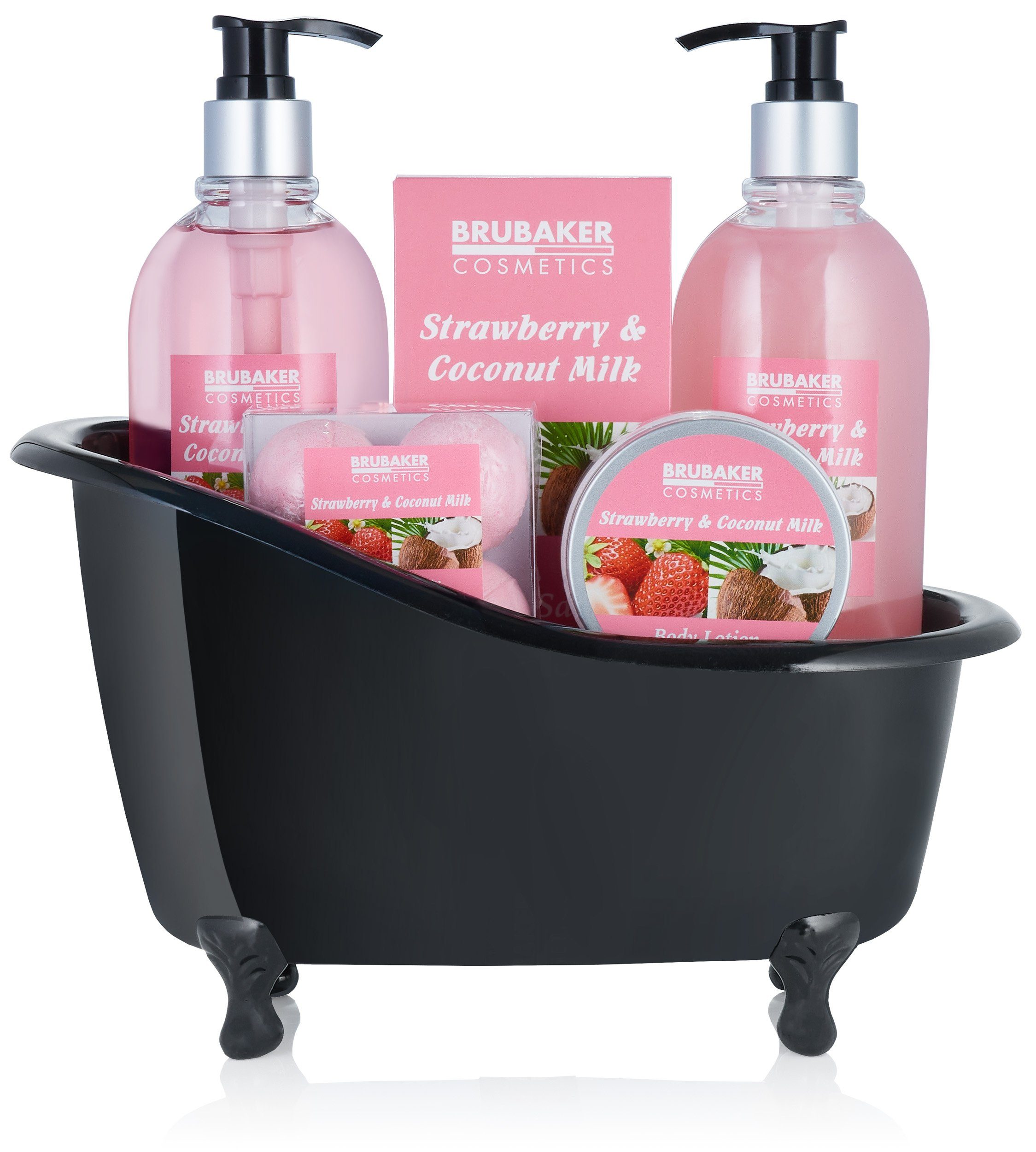 BRUBAKER Hautreinigungs-Set Bade- und Dusch Set mit Erdbeere & Kokos Duft, Badeset Wellness, 9-tlg., Beauty Set Geschenkset mit Deko Badewanne Schwarz, Pflegeset