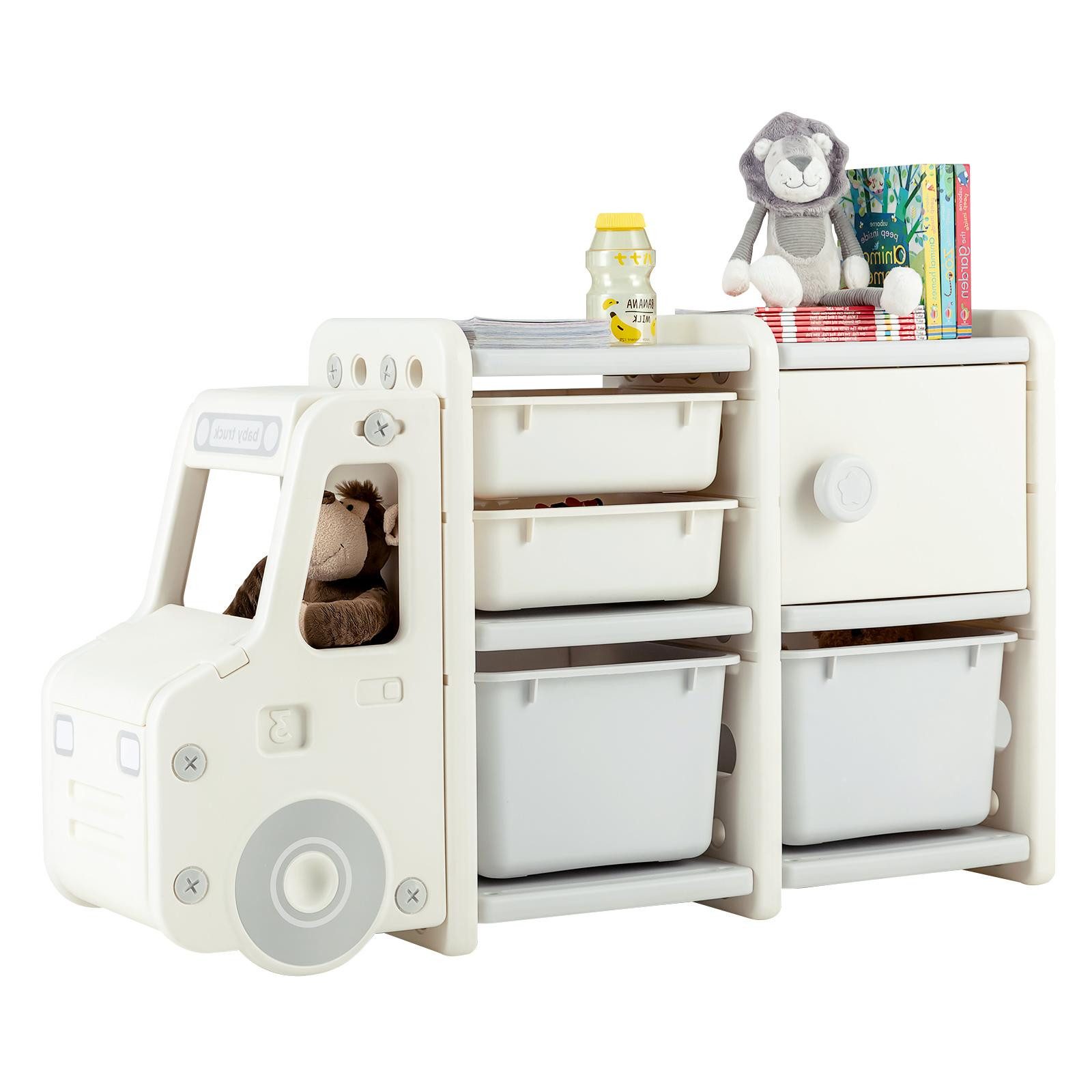 KOMFOTTEU Spielzeugtruhe Spielzeugregal Kinderregal, mit 4 Boxen & 1 Schran günstig online kaufen