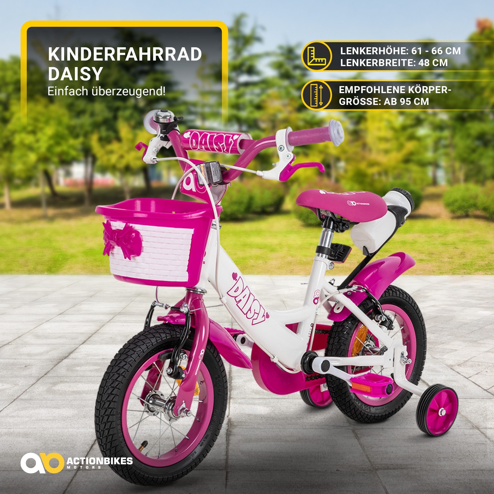 Actionbikes Motors Kinderfahrrad Daisy Fahrrad für Mädchen inkl. Trinkflasche und Korb, 1 Gang, (Kinderfahrrad ab 3 Jahre, Fahrrad Kinder, Kinderfahrrad 20 Zoll)