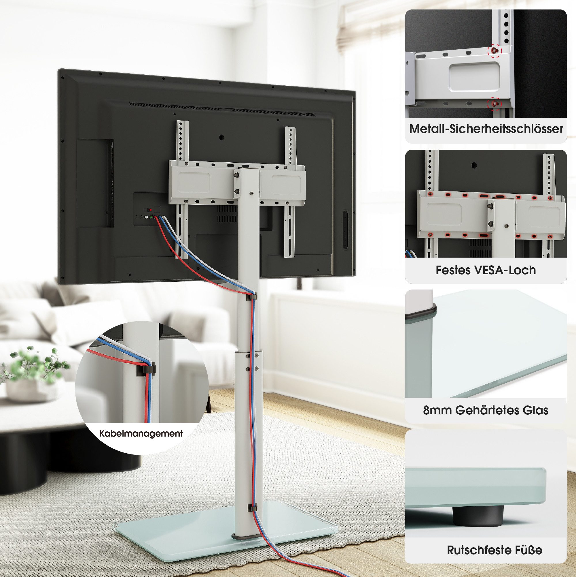 AOKCOS TV-Ständer höhenverstellbar, -2° bis 10° neigbar, ±30° schwenkbar, 32-65 Zoll, (bis 65 Zoll, mit Kabelmanagement, rutschfeste Füße) – Bild 5 von 5