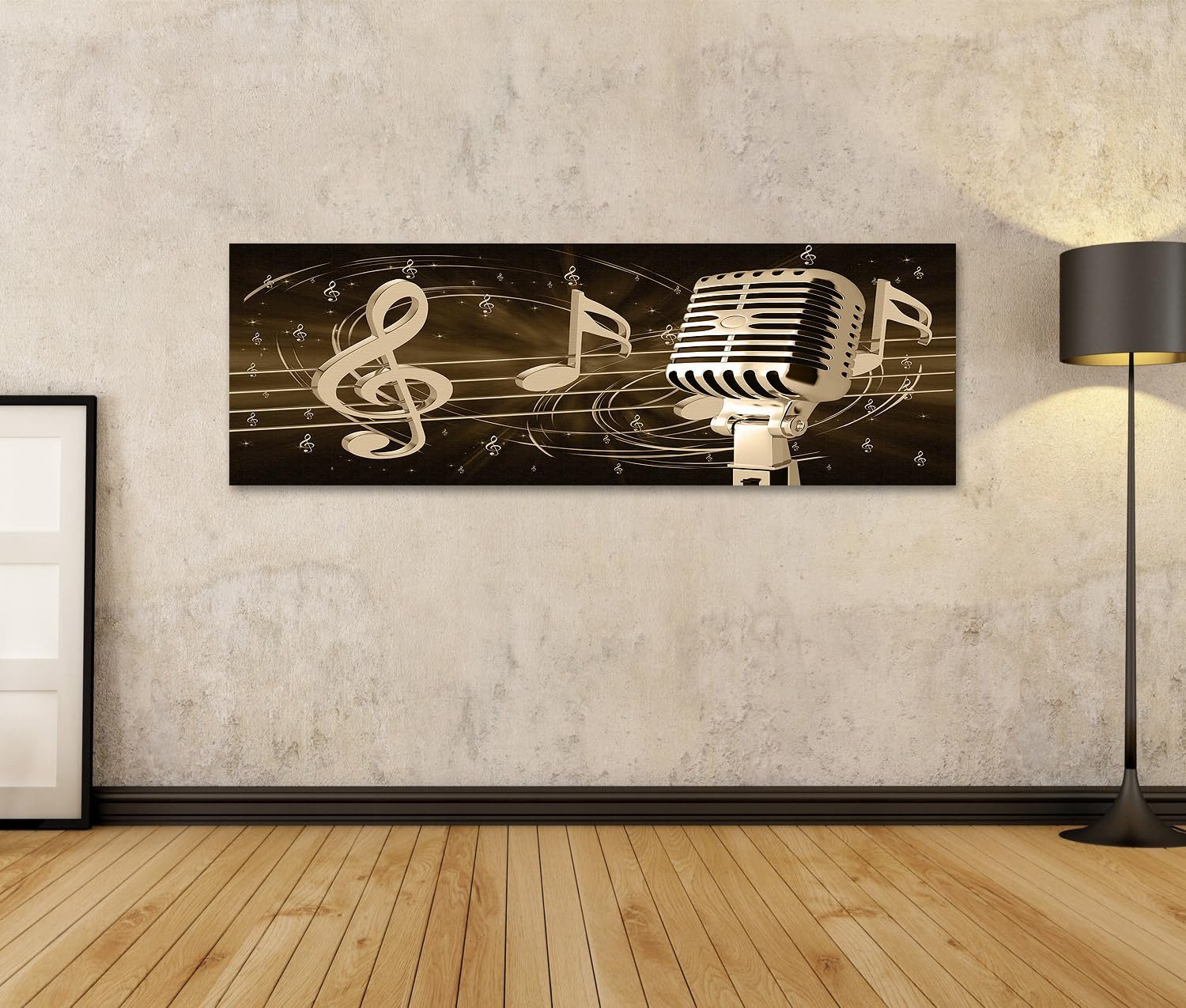 islandburner Leinwandbild Mikrofon Musik Noten und Klanglinien Hintergrund