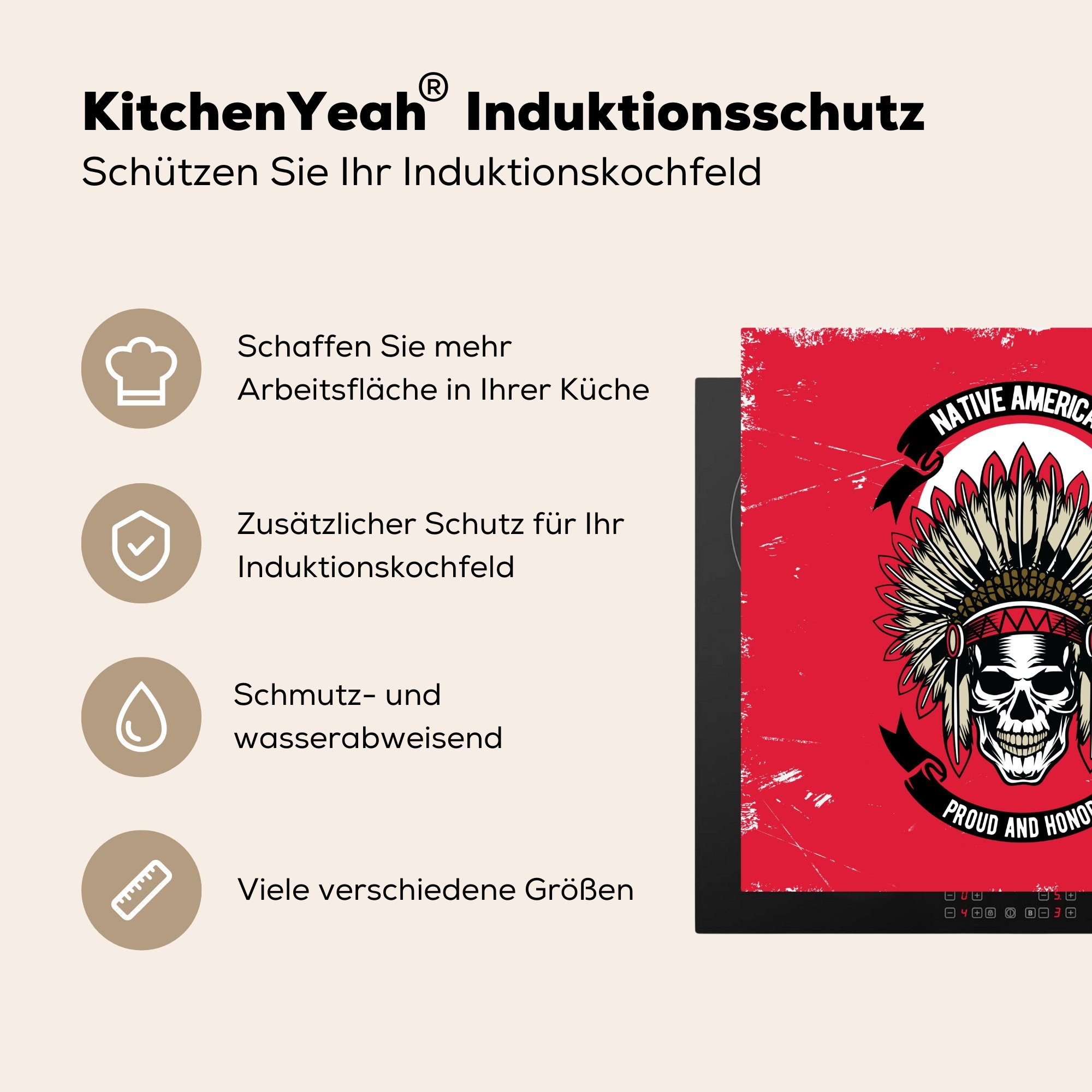 küche Vintage Vinyl, - (1 Ceranfeldabdeckung, 78x78 Arbeitsplatte Indianooi MuchoWow cm, Zitat, für - - tlg), Totenkopf Herdblende-/Abdeckplatte