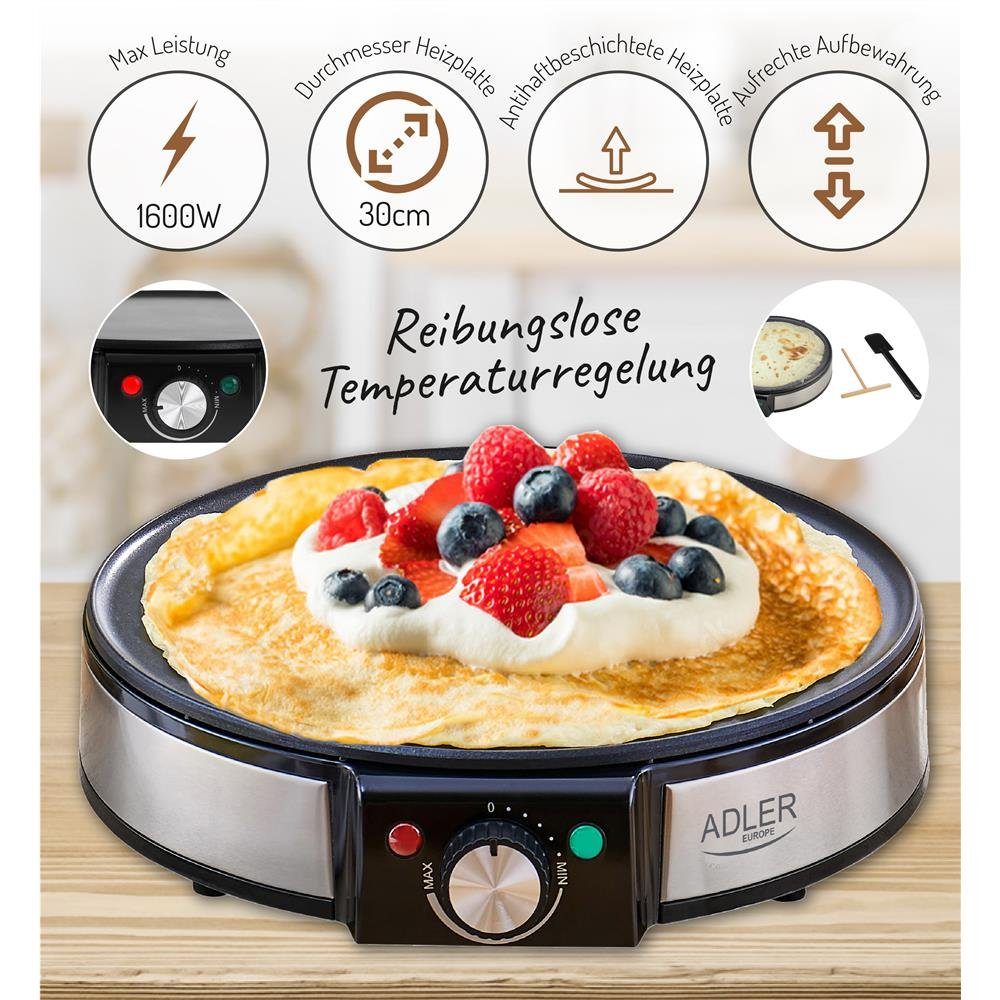 Adler Crêpesmaker AD 3058 Crepes-Maker, 1600 W, Ø 30,00 cm, mit 2 Kontrollleuchten für Leistung und Backen, Rund, Silber/Schwarz
