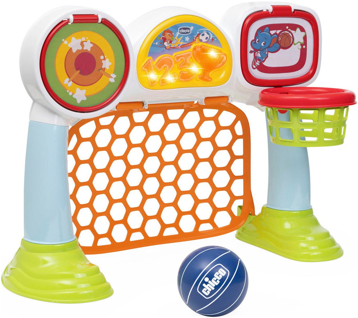 Chicco Fußballtor Multi-Sport-Aktivitätsspiel, 3in1, Made in Europe, mit Licht- und Soundeffekt