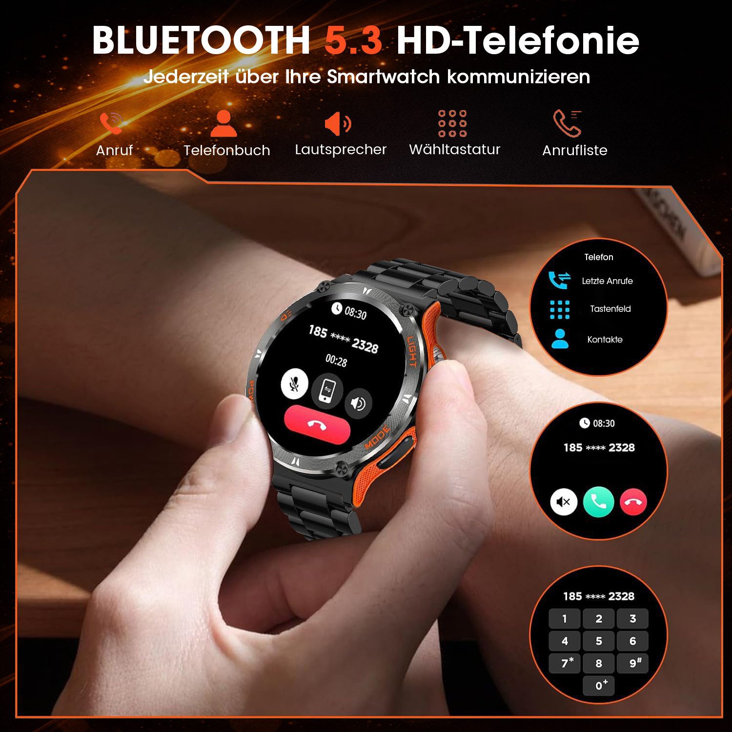 SWGOTA Smartwatch Herren Militär mit Taschenlampe,Kompass,Telefonfunktion Smartwatch (3.88 cm), 1,53 Zoll Fitnessuhr mit Herzfrequenz/SpO2/Schlafmonitor,500 mAh Akku