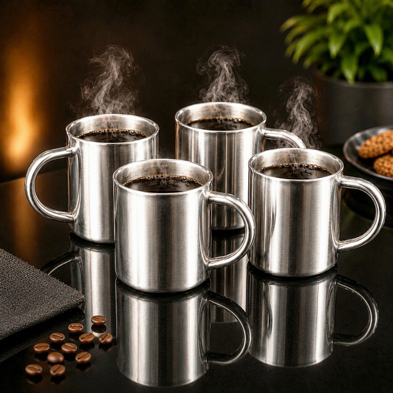 Haushalt International Tasse Kaffeetasse Kaffeebecher Campingbecher Edelstahl 4x200ml, 4-tlg., Edelstahl, 4 Stück, Doppelwandig, Edelstahl, Tragehenkel