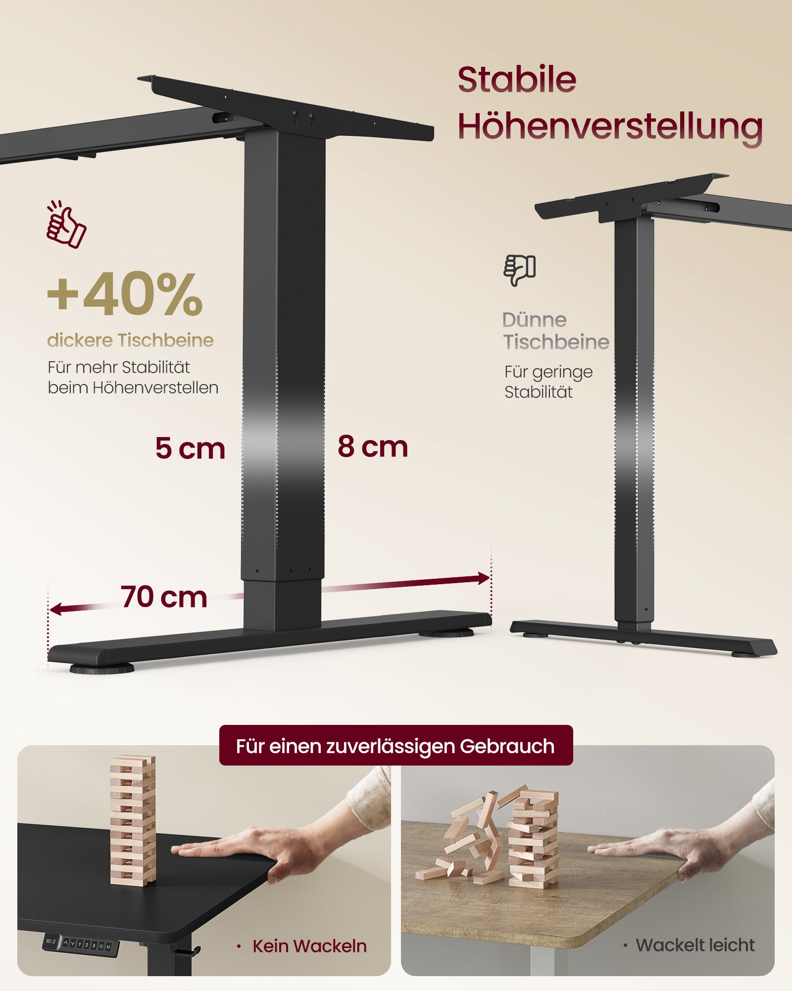 VASAGLE Schreibtisch Höhenverstellbarer, USB-C-Anschluss, Erinnerung bei langem Sitzen, Ablage für Steckdosenleiste, 3 Speichertasten, 140/160/180cm – Bild 4 von 5