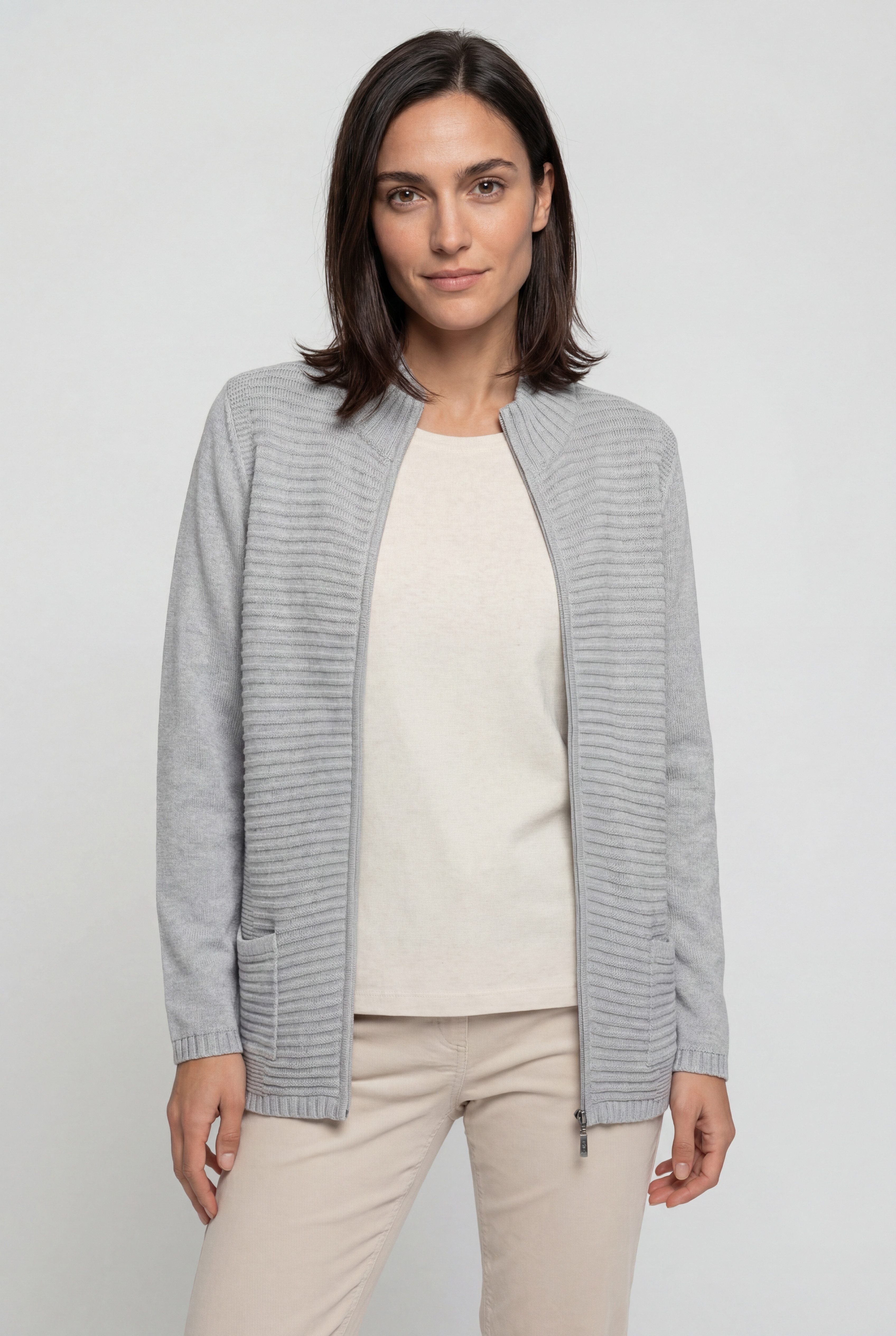 Olsen Cardigan mit Strukturstrick und Reißverschluss Weiche Strickjacke