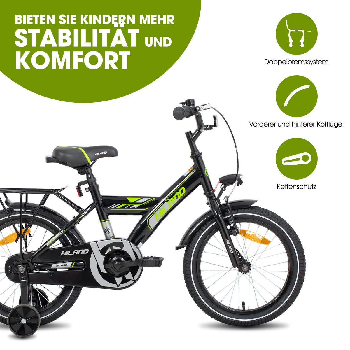 HILAND Sentry 16/18 inch children's bicycle for boys and children from 4, 5, 6 years old, 1 speed, with rear seat/luggage rack, training wheels, and handbrake