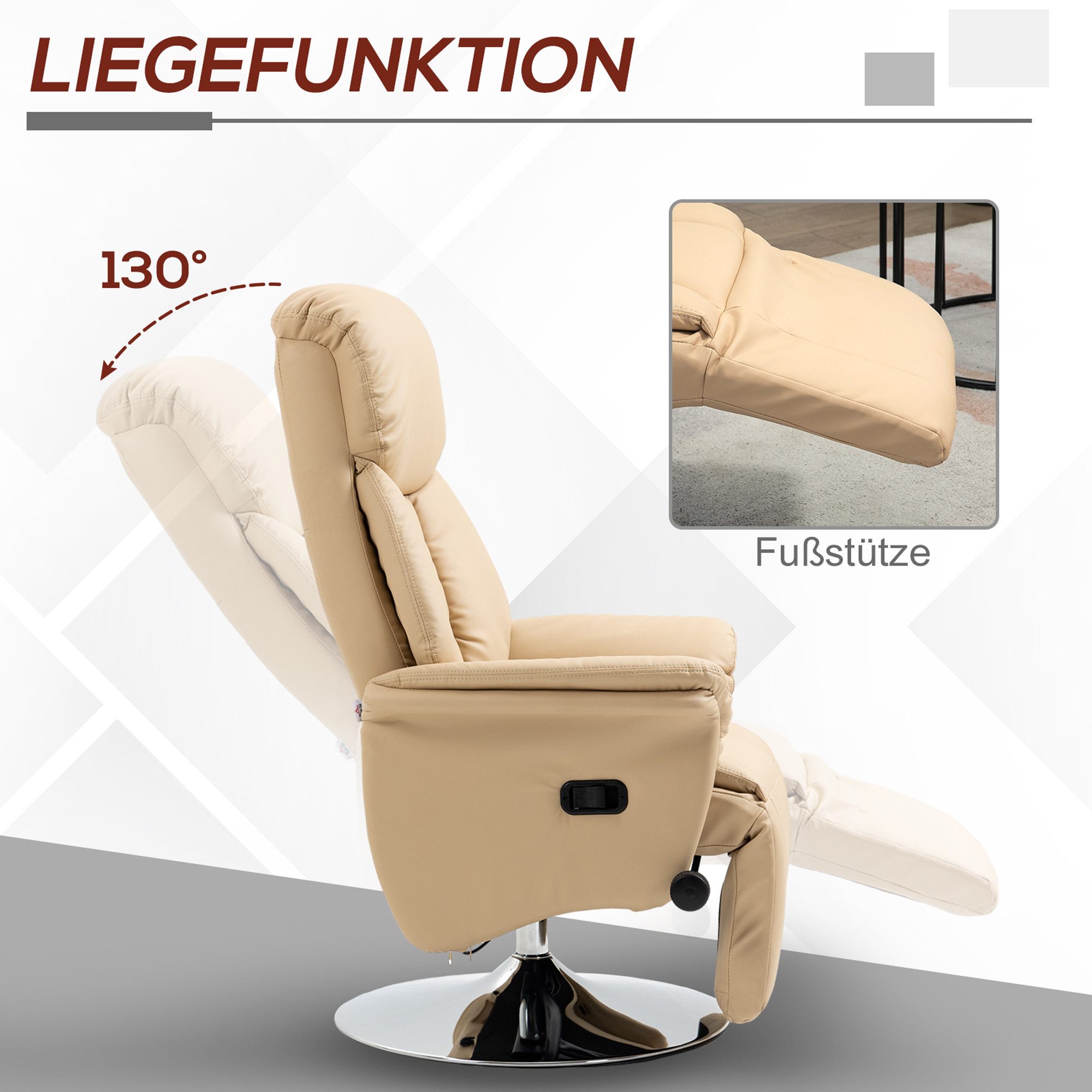 HOMCOM Relaxsessel Fernsehsessel mit Liegefunktion, drehbar, gepolstert, Ruhesessel (Fernsehsessel, 1-St., Liegesessel), für Wohnzimer, Beige – Bild 4 von 5