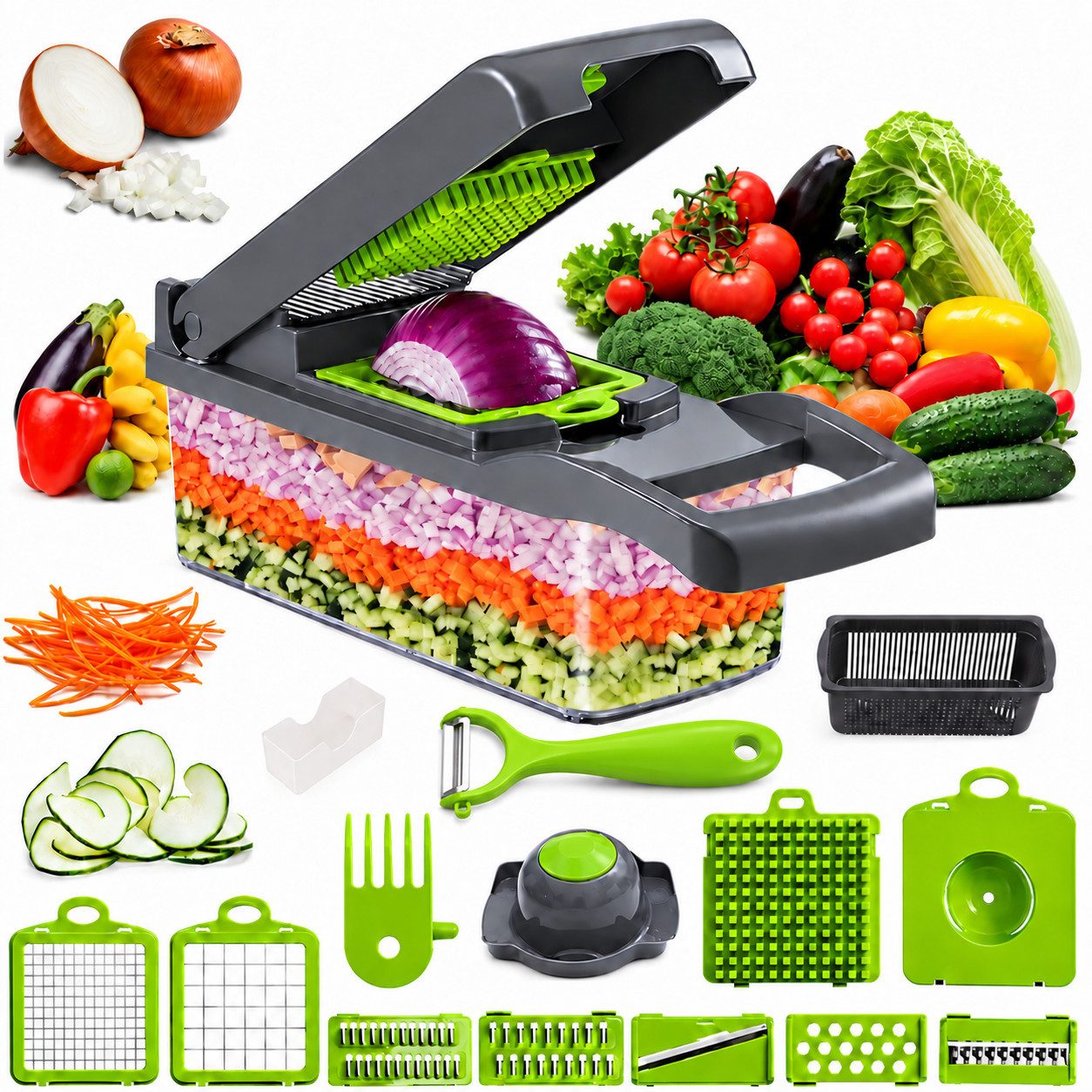 ibettertec Gemüseschneider Gemüsehobel, 16-in-1 Multischneider mit Auffangbehälter, Mandoline, platzsparend, zum effektiven & einfachen Kochen