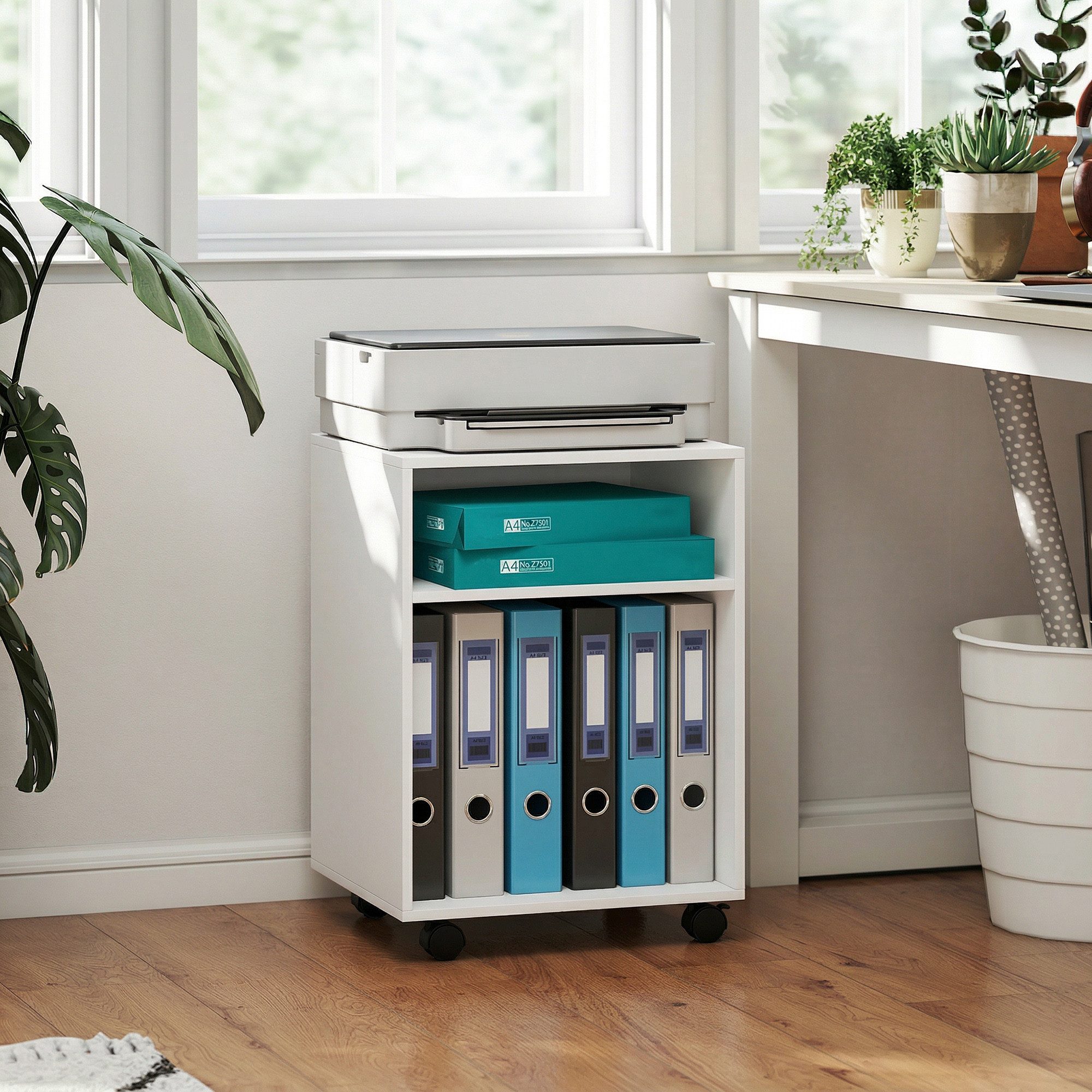 HOMCOM Aktenschrank Schreibtisch Organizer mit Rollen für Drucker Druckerhalter (Druckerständer, 1-St., Druckertisch) für Büro Zuhause Office Fax Scanner 40 x 35 x 56 cm, Weiß