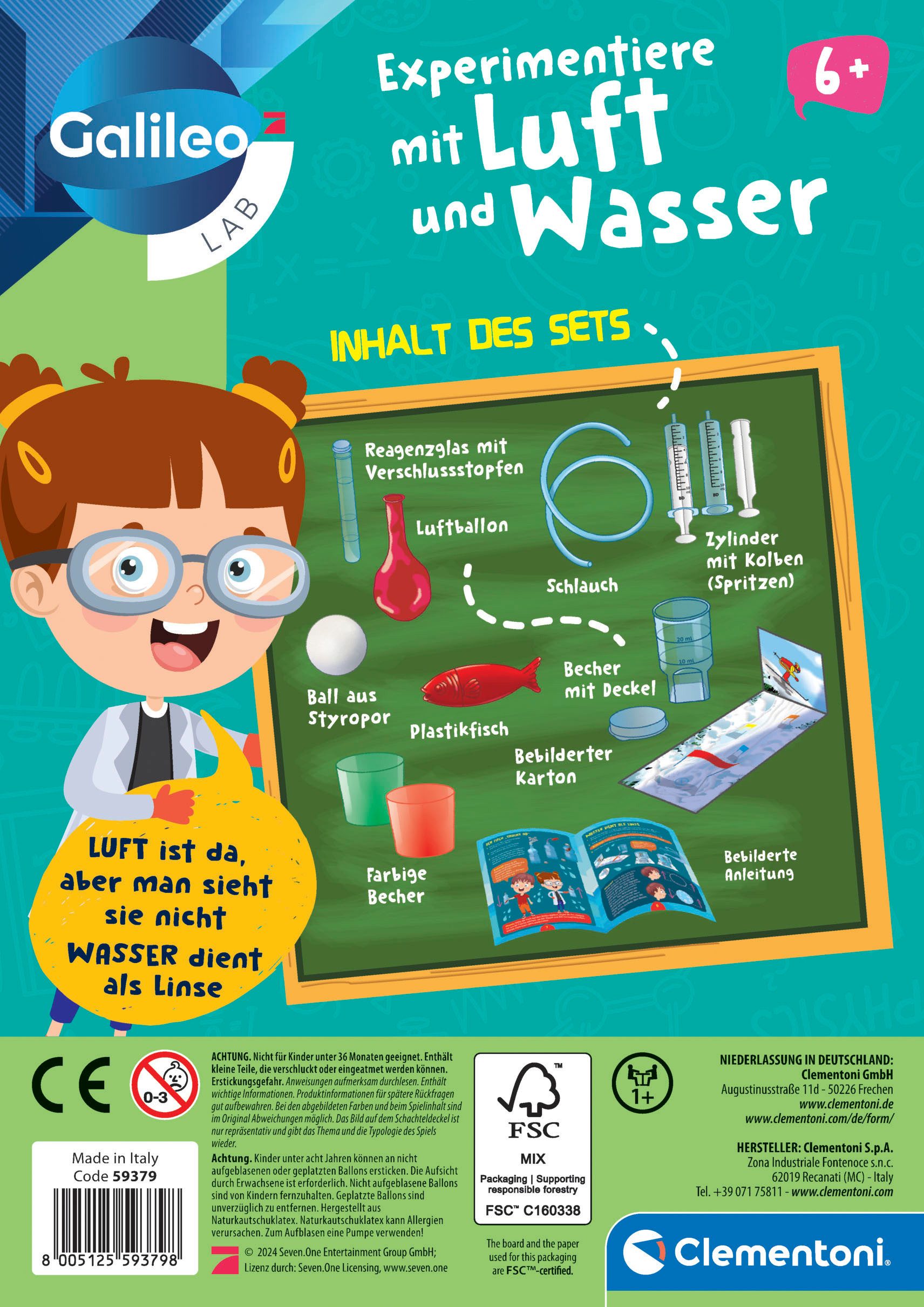 Clementoni® Experimentierkasten Galileo Lab, Experimentiere mit Luft und Wasser, Made in Europe