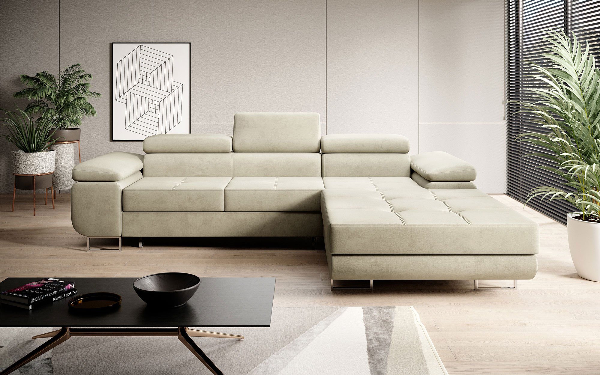 Baidani Sofa Designer Sofa Calvera mit Schlaf- und Klappfunktion, modernes Design Beige