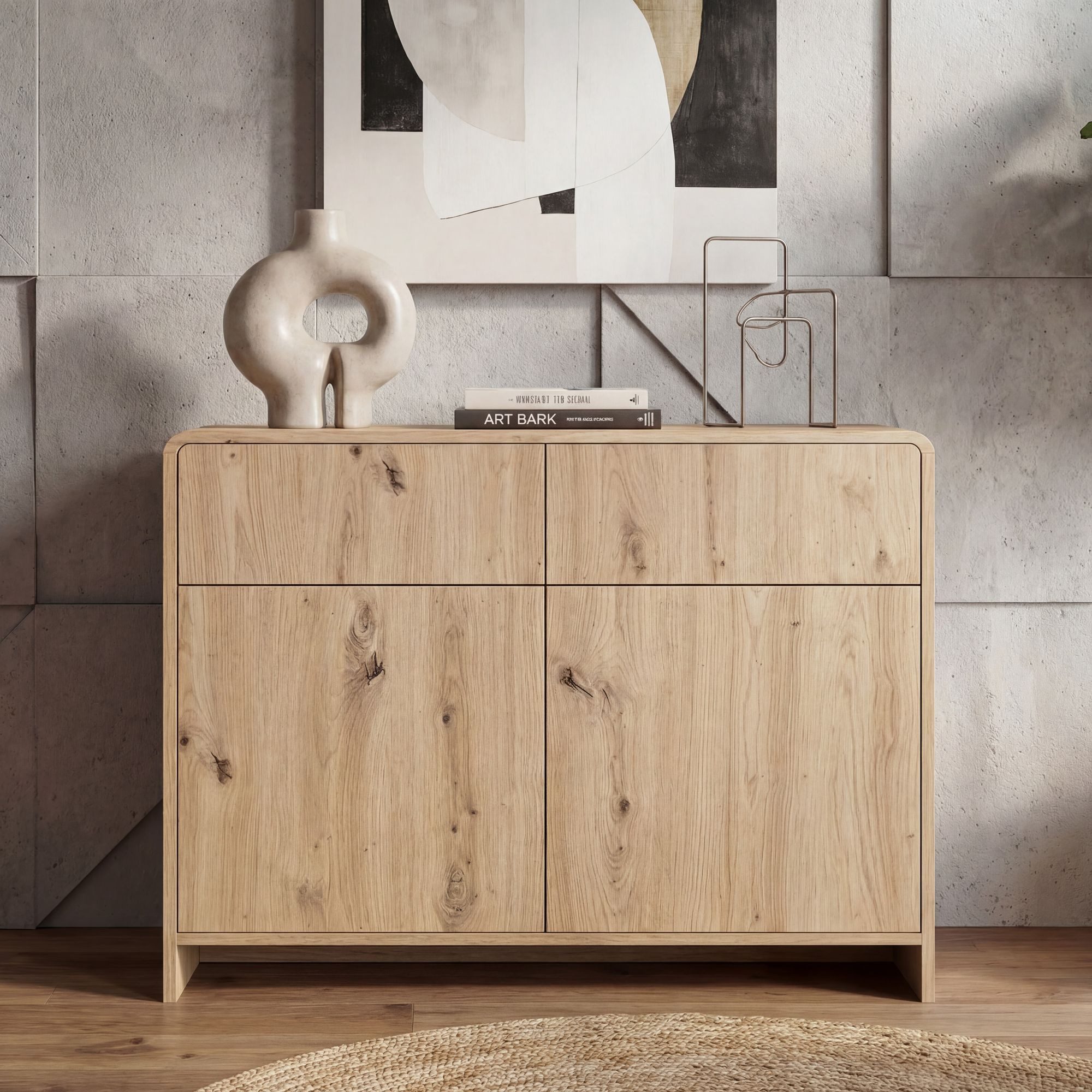 FINEBUY Sideboard FB117894 Kommode Eiche Dekor 88cm Standschrank Anrichte Flurschrank (Schickes Beimöbel mit viel Stauraum), Griffloses Öffnen durch moderne Druckfunktion